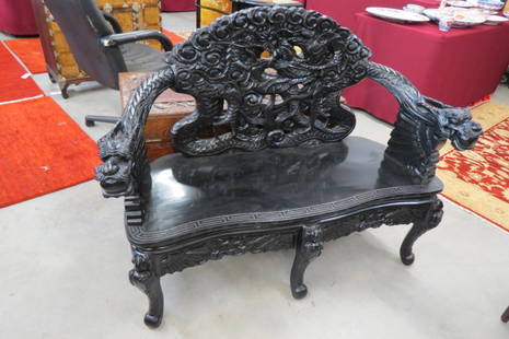 Chinese Carved Dragon Settee or Loveseat,: elaborate deep carving with dragon decor, black finish, circa 1920, 51" wide, 40" tall, 22" deep, excellent.