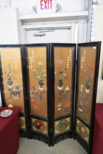 Japanese Lacquerware Screen with Carved Jade & Hardstones,: one side having carved jade, coral, rose quartz, soapstone and more on a gold field, under glass, other side is hand painted with flowers, objects and calligraphy on black field, 71" tall, 71" wide,