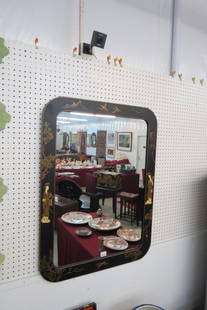 Japanese Lacquerware Mirror,: decorated with Japanese ladies, deer, flying cranes and foliage on black, 40" X 30" overall, excellent
