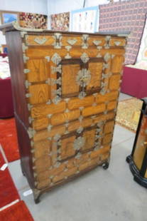 Asian Cabinet,: fine exotic wood panels and fancy metalwork, double doors, two part stacking, 34" wide, 16" deep, 50" tall, late 19th century.