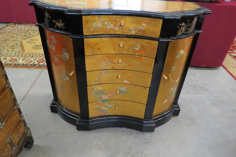 Japanese Lacquerware Cabinet,: 6 drawers in center with door on each side, bird and floral decoration on gold leaf, black trim, 40" wide, 16" deep, 33" tall.