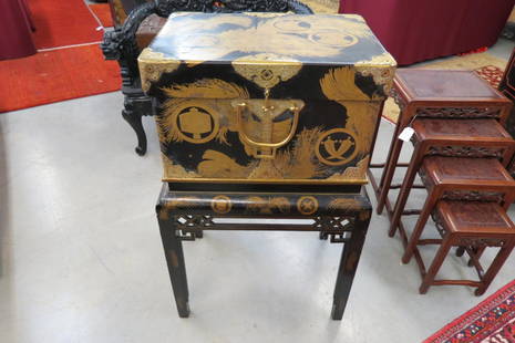 Fine Early Japanese Lacquerware Box or Chest on Stand,: genuine gold and silver raised decorationgolden rice style decoration with objects in medallions, ornate brass work, lift off top, Meiji period, 23" X 17", 14" deep, plus 27" tall stand.