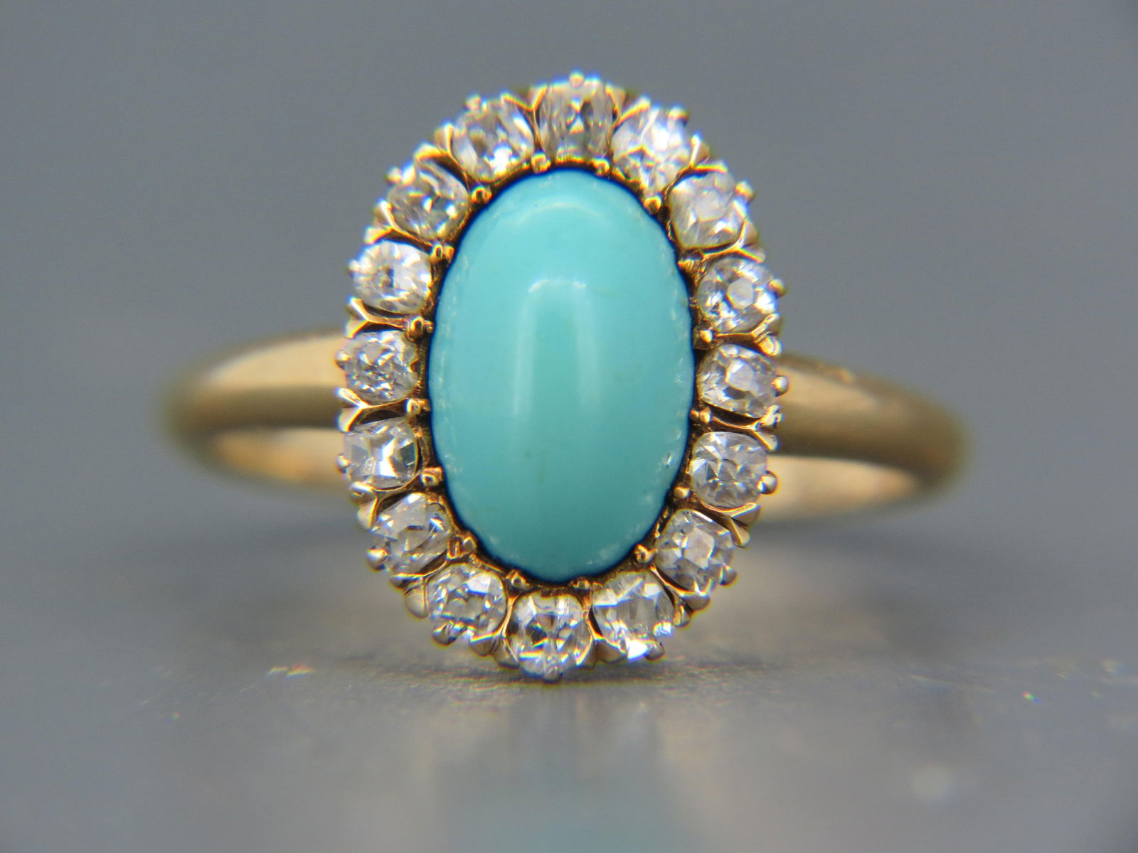 Turquoise & Diamond 14K Gold Ring, antique, oval cabochon in Persian or Robin's egg blue  surrounded (1 of 6)