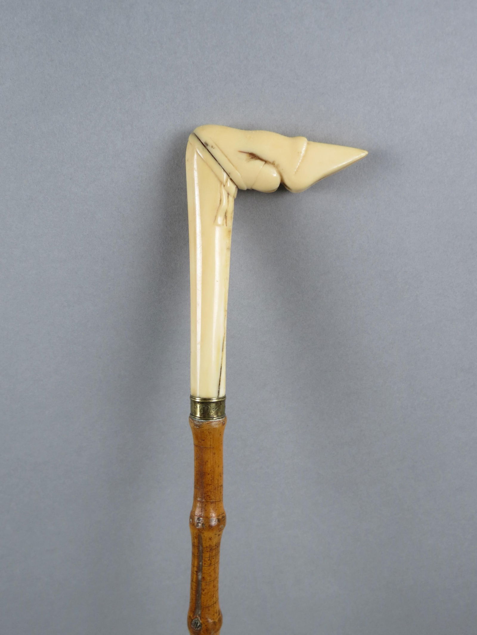 Carved Cane, hoof style decor, bamboo shaft, overall 32 1/2" long, late 19th  century. (1 of 5)