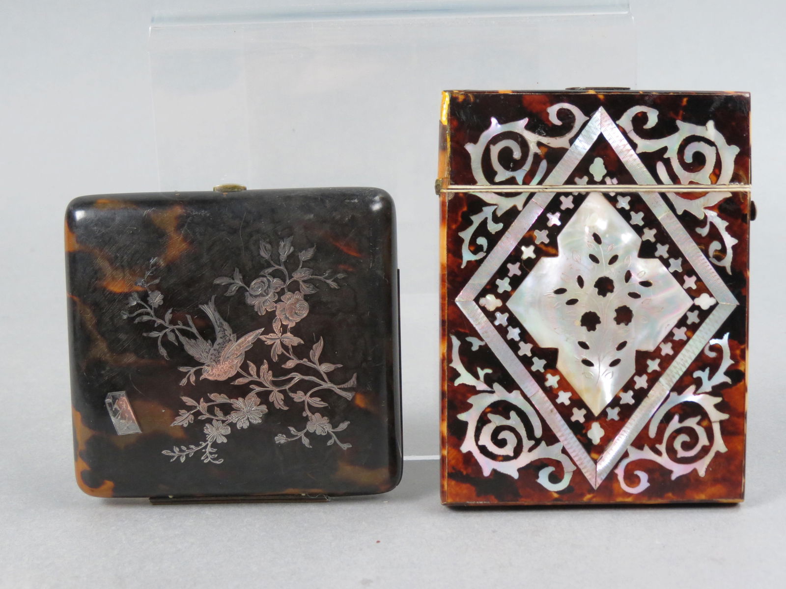 2 Victorian Tortoise Shell Cases, one with silver inlay with bird and flowers, 3  1/2" X 3 1/2", (1 of 5)