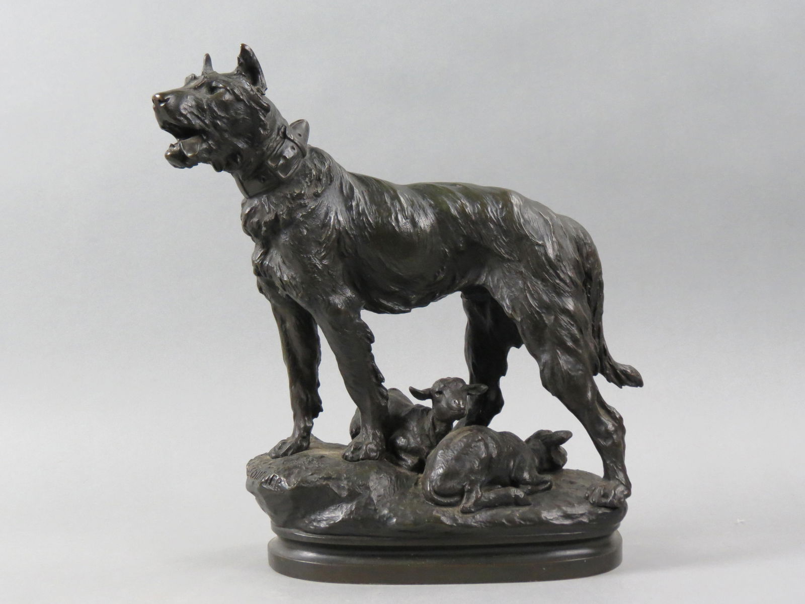 Prosper Lecourtier Bronze Sculpture of Wolfhound with two lambs, 17" tall, 12" wide, all original, (1 of 8)