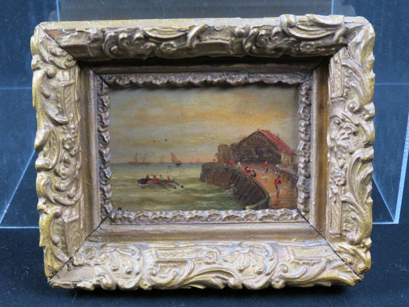 Miniature Oil Painting of Figures on Bridge, boats at sea, on board, image area 4" X 5 1/2"  plus (1 of 5)