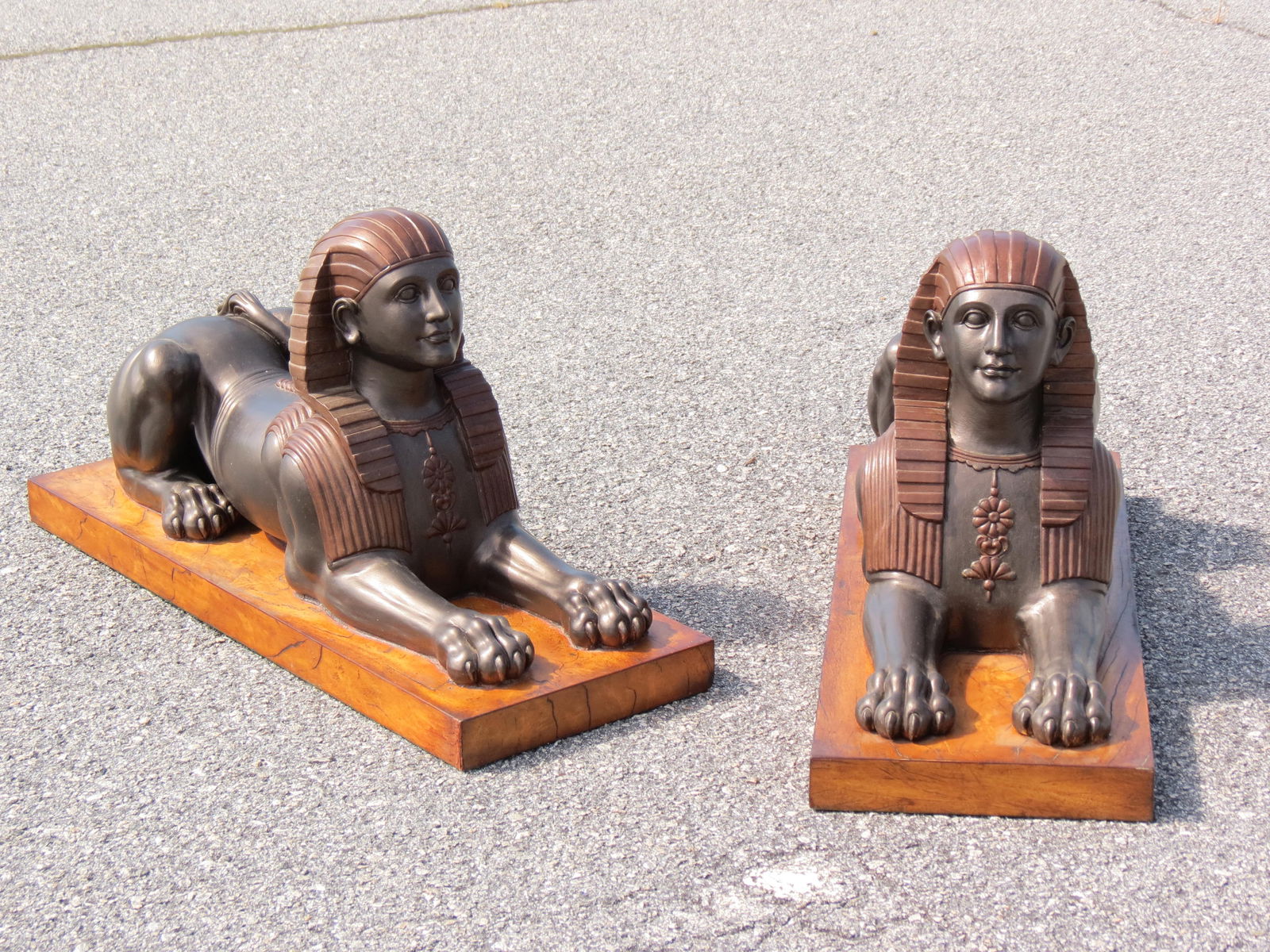 Pair of Maitland Smith Egyptian Sphinx Statues, bronzed resin and wood, bases are 33"  X 12", 18" (1 of 6)