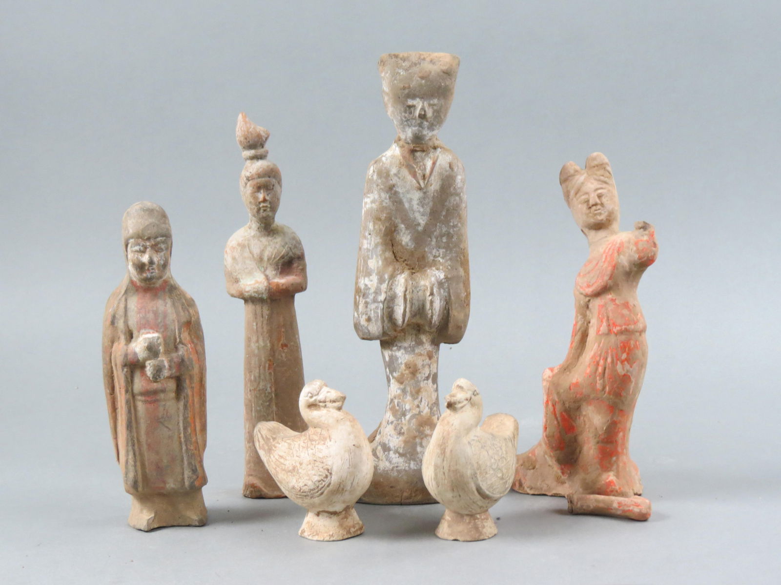 6 Early Chinese Pottery Figures, unglazed, four diety type figures and a pair of ducks,  largest (1 of 4)