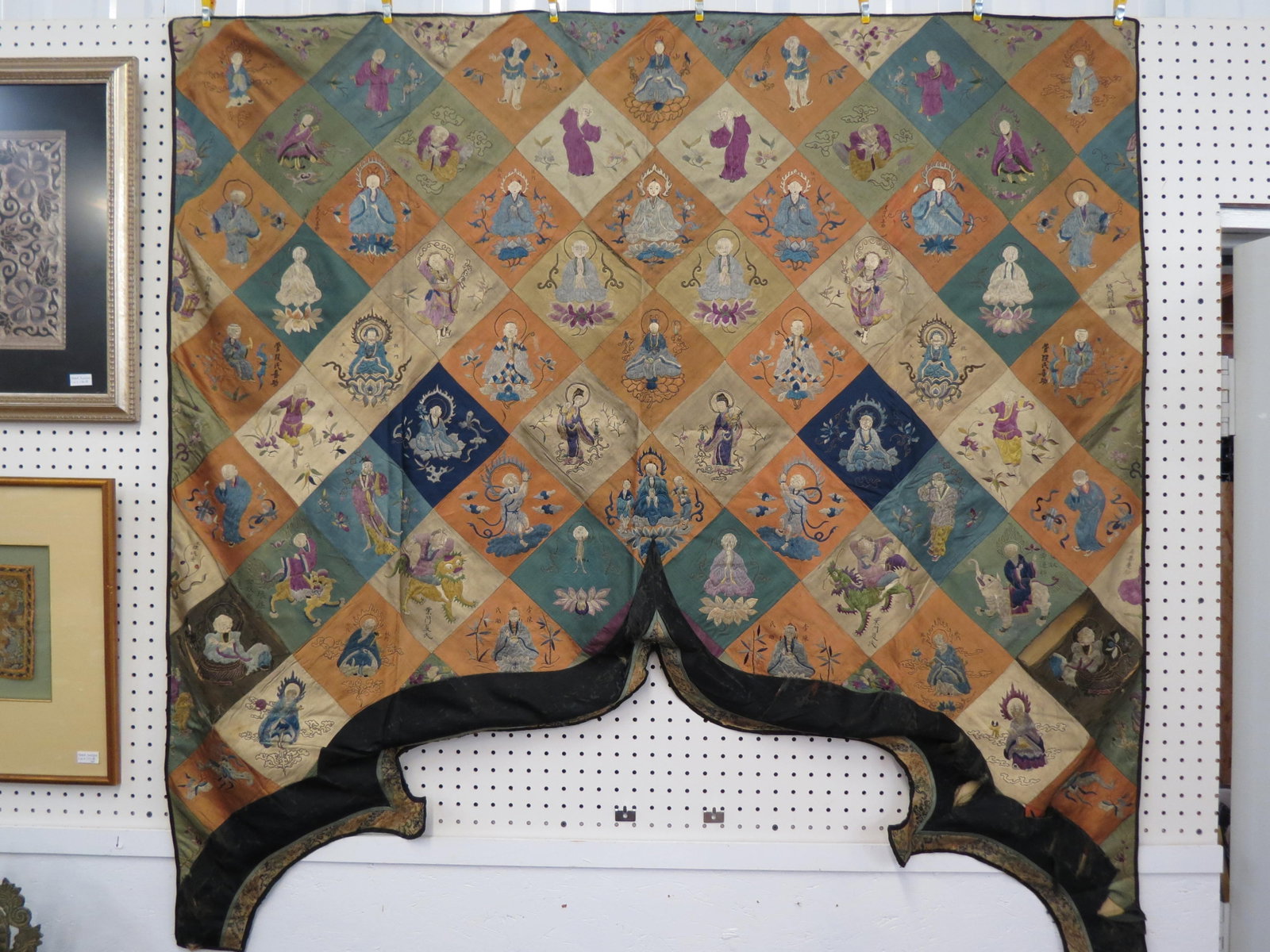 Early Chinese Embroidered Silk with Immortals, calligraphy, some metallic thread, arch style: Early Chinese Embroidered Silk with Immortals, calligraphy, some metallic thread, arch style bottom, overall approx. 55" X 55".