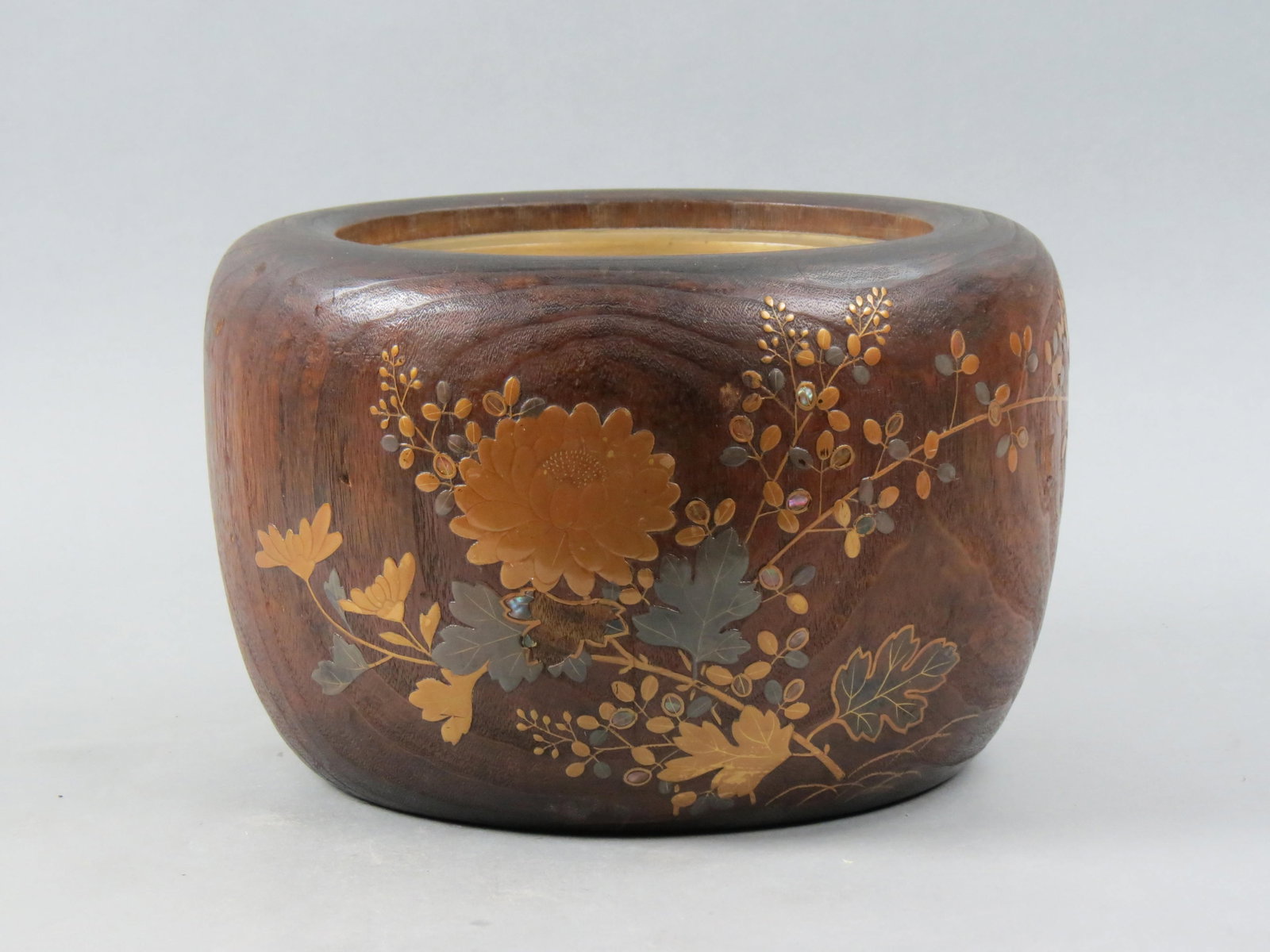 Japanese Wooden Jardiniere with laquerware Floral, Meiji period, floral decoration, 12 1/2": Japanese Wooden Jardiniere with laquerware Floral, Meiji period, floral decoration, 12 1/2" diameter, 8" tall.