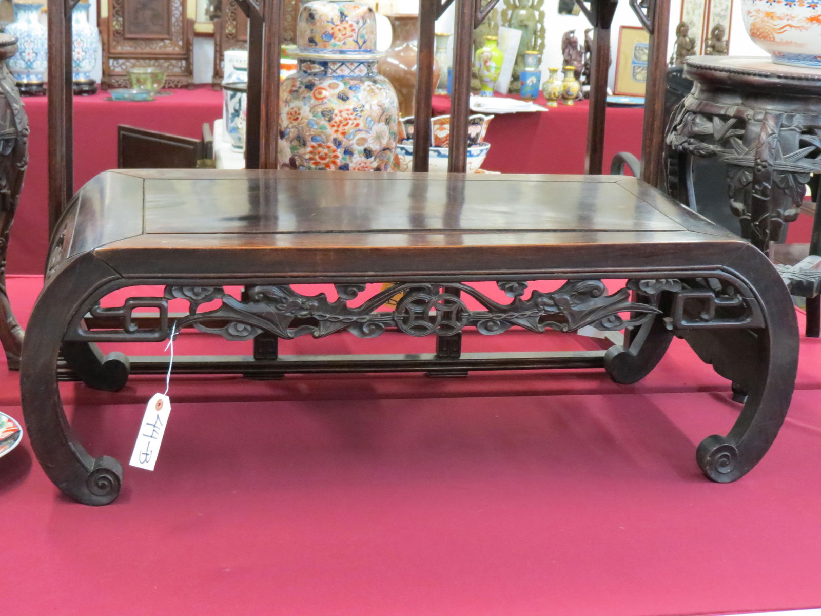 Chinese Carved Wooden Low Table or Alter with Bats carved on sides with bats in openwork, 37" wide, (1 of 4)