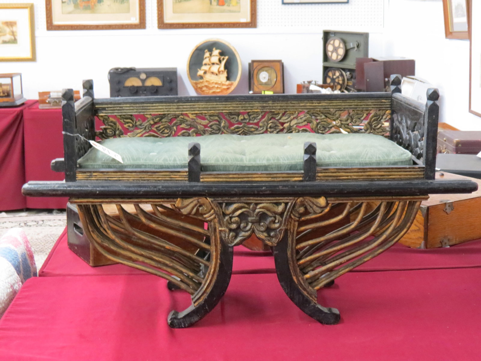 Chinese Carved Alter or Bench, carved gallery style sides and back with openwork designs, 39" wide,: Chinese Carved Alter or Bench, carved gallery style sides and back with openwork designs, 39" wide, 21 1/2" tall, 16 1/2" deep, from estate where used for a pampered pet bed!