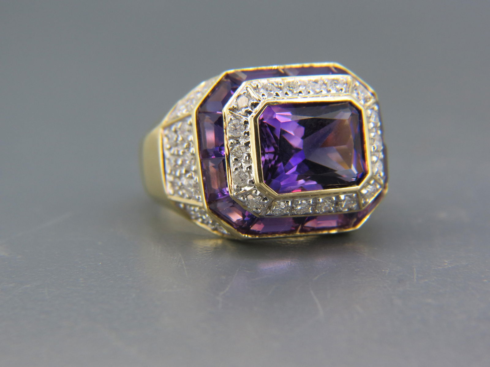 Amethyst & Diamond 14k Gold Ring, rich gems totaling approx. 9 carats with 42 round  diamonds (1 of 7)
