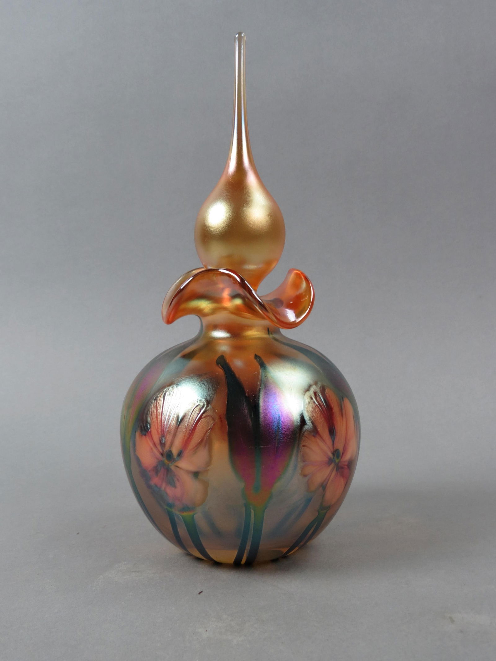 Charles Lotton Studio Art Glass Perfume Bottle, floral on golden amber, iridescent, tall stopper, (1 of 12)