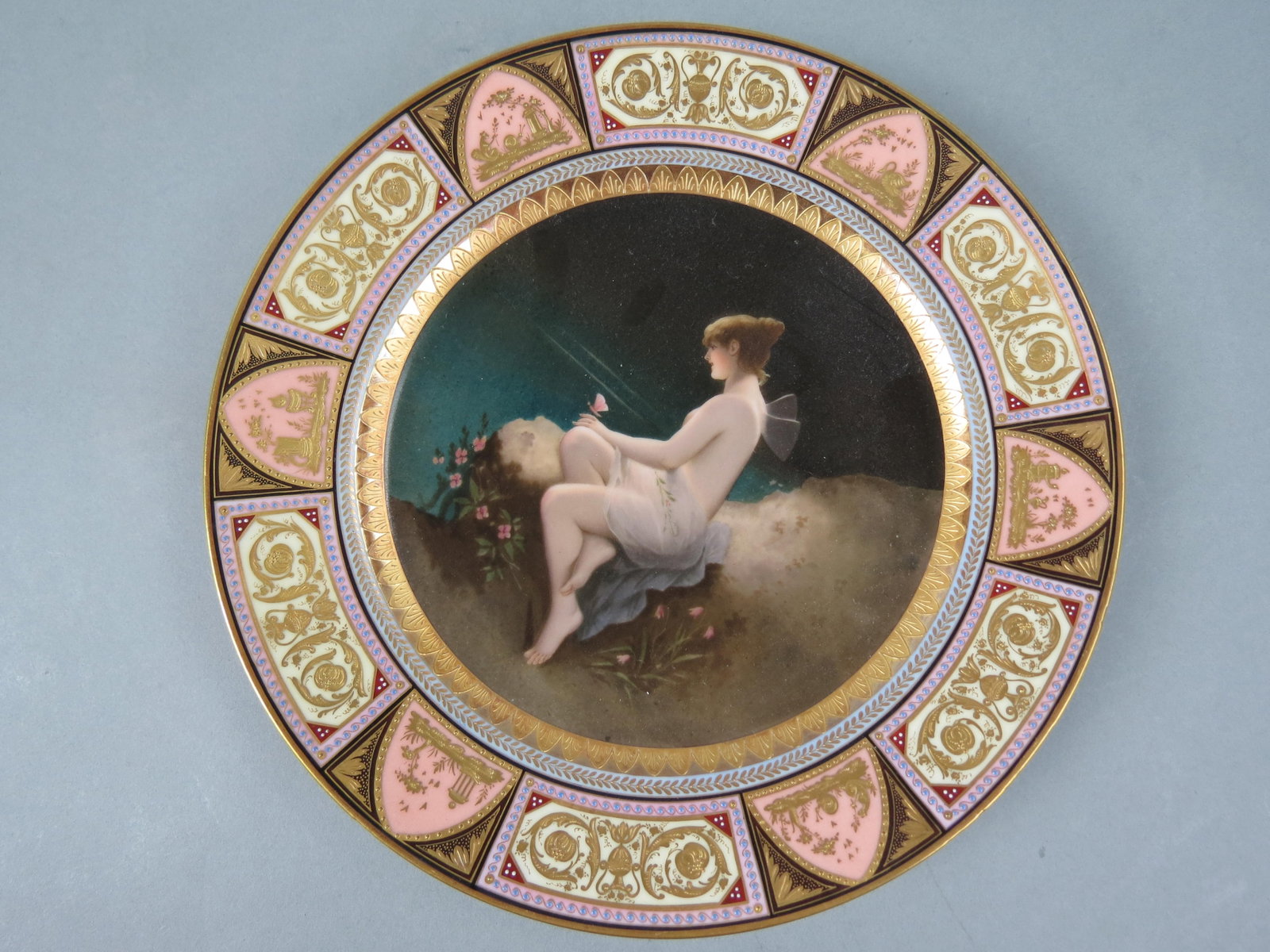 Royal Vienna Porcelain Portrait Plate "Psyche", nymph with butterfly seated along the water,: Royal Vienna Porcelain Portrait Plate "Psyche", nymph with butterfly seated along the water, elaborate raised gold and beaded border, 9 1/2", excellent......Psyche is the Greek goddess of the soul and