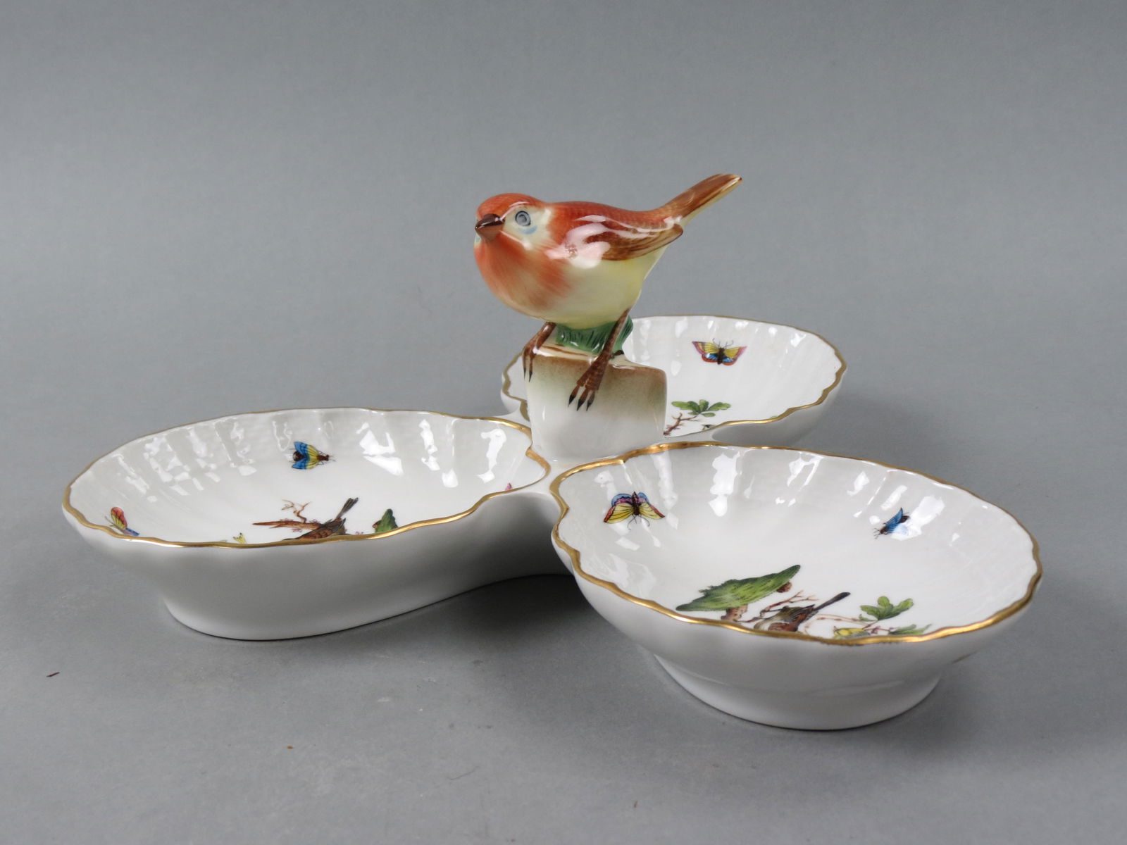 Unusual Herend Porcelain "Rothschild Bird" Server, a trio of shell shaped dishes with center figural (1 of 6)