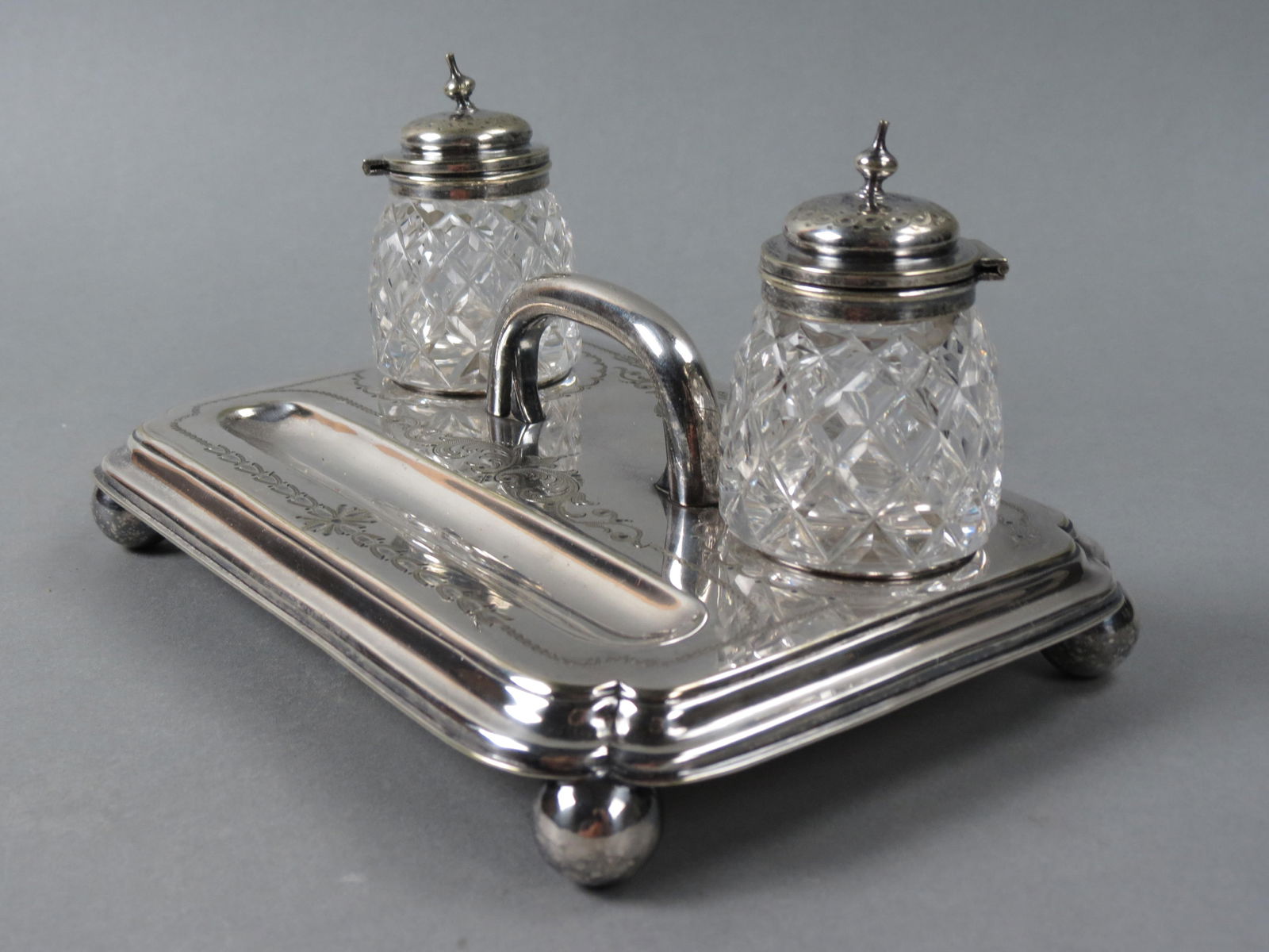 English Silverplate & Crystal Inkstand, double well with cut designs, center handle, pen  tray, (1 of 5)