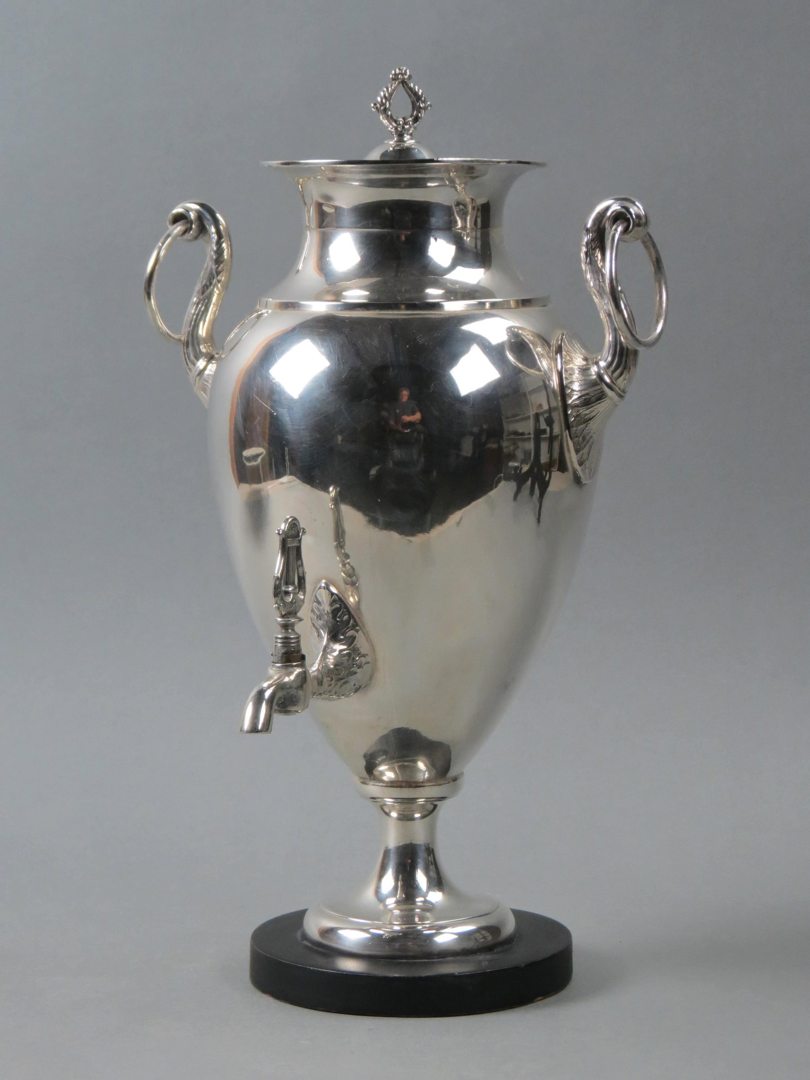 Silverplate Hot Water or Coffee Urn, gooseneck & ring handles, lyre knob on spout, ebony platform: Silverplate Hot Water or Coffee Urn, gooseneck & ring handles, lyre knob on spout, ebony platform base, 15 1/2" excellent.