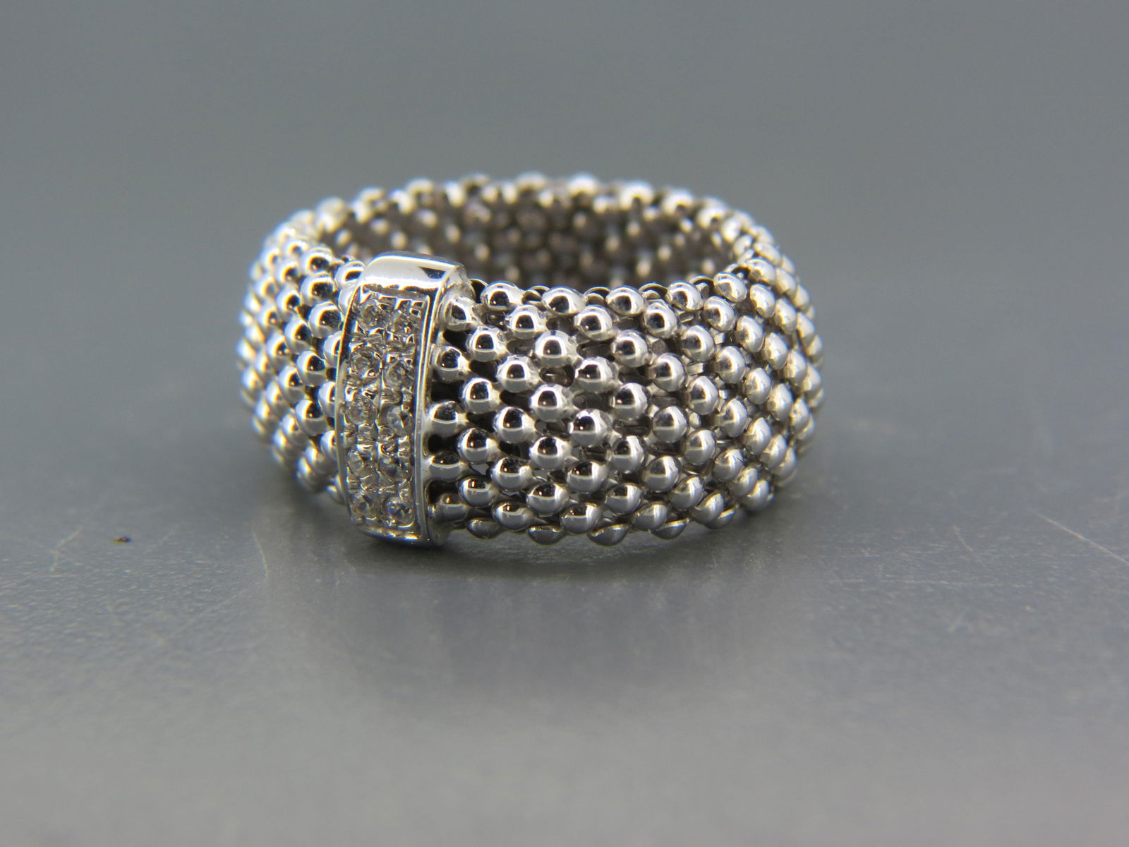 Diamond & 14k Gold Mesh Band Ring, 10 round diamonds totaling .15 carat, 14k white  gold, Italian, (1 of 4)