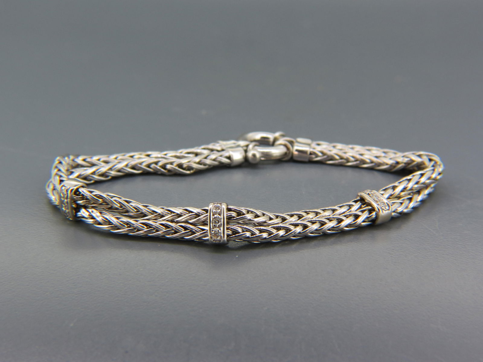 14K White Gold Diamond Bracelet, double braided rope design with a trio of bands  each having 3 (1 of 3)