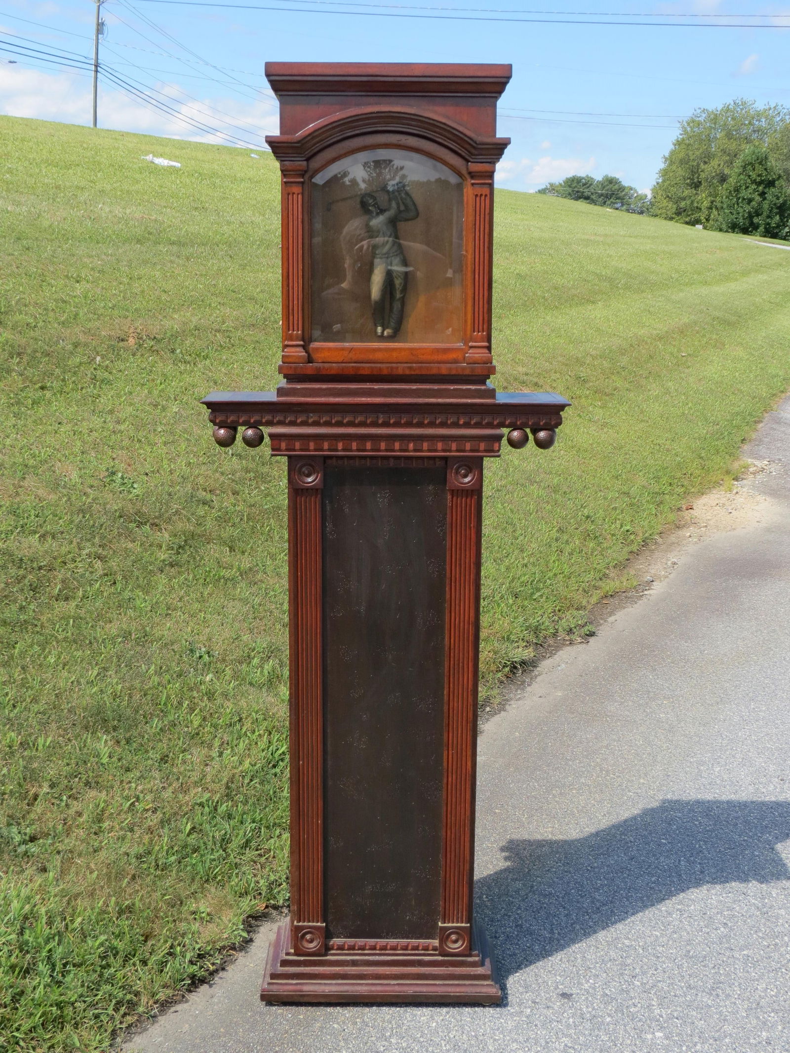 Bronze Golfer in Wooden Display Cabinet "Tee Off", glass door on cabinet marked Maitland Smith on a (1 of 5)