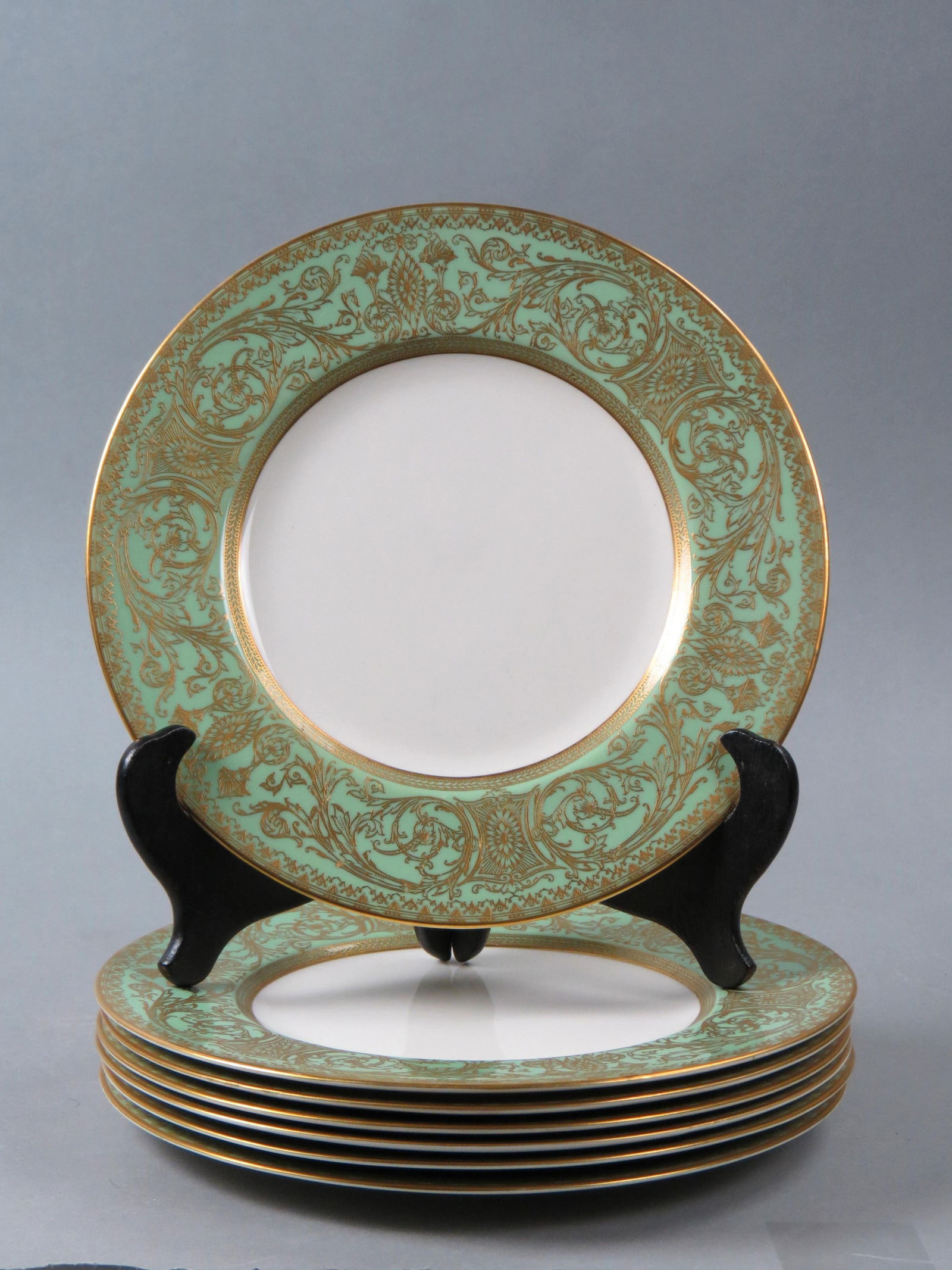 7 Royal Worcester Porcelain Service Plates, elaborate goldwork on green border, #C1242, 10  1/2", (1 of 4)