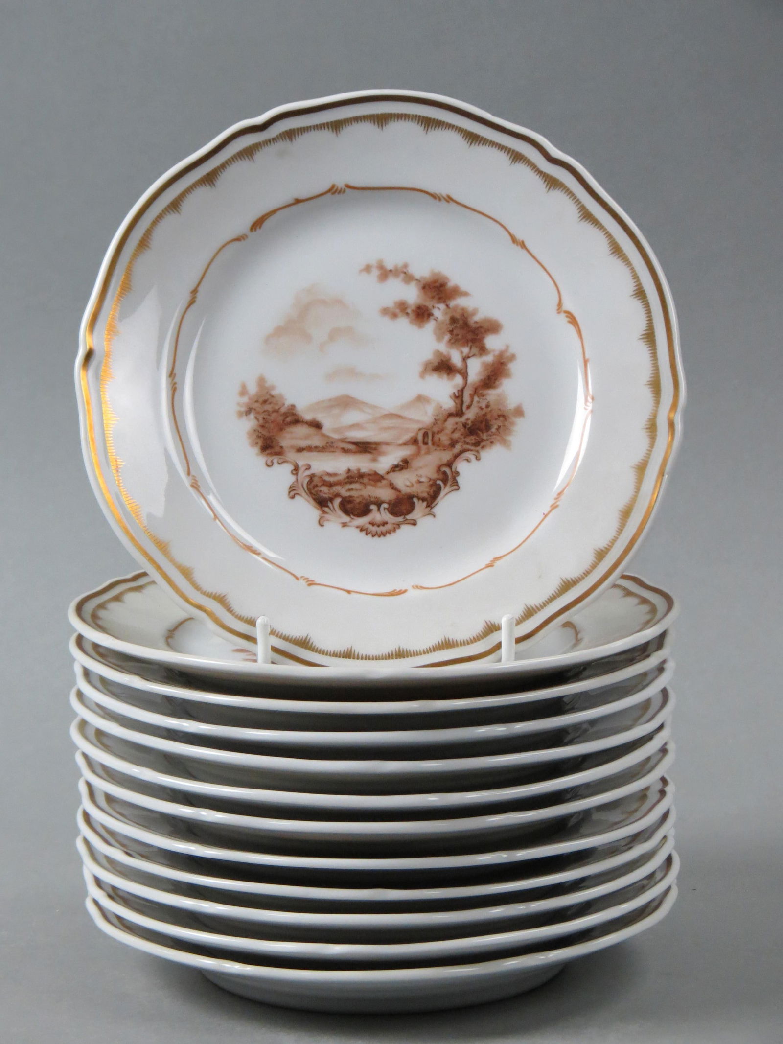 12 Richard Ginori Dessert Plates, brown landscape scene with shepherd and lamb in  woods, fancy gold (1 of 6)