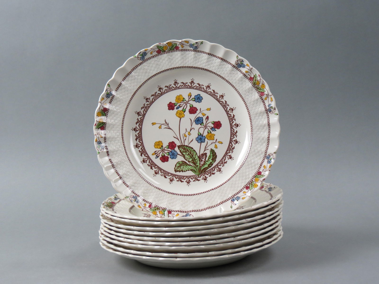 10 Copeland Spode "Spode's Cowslip" Plates, floral medallion and border with basketweave trim,  10 (1 of 5)