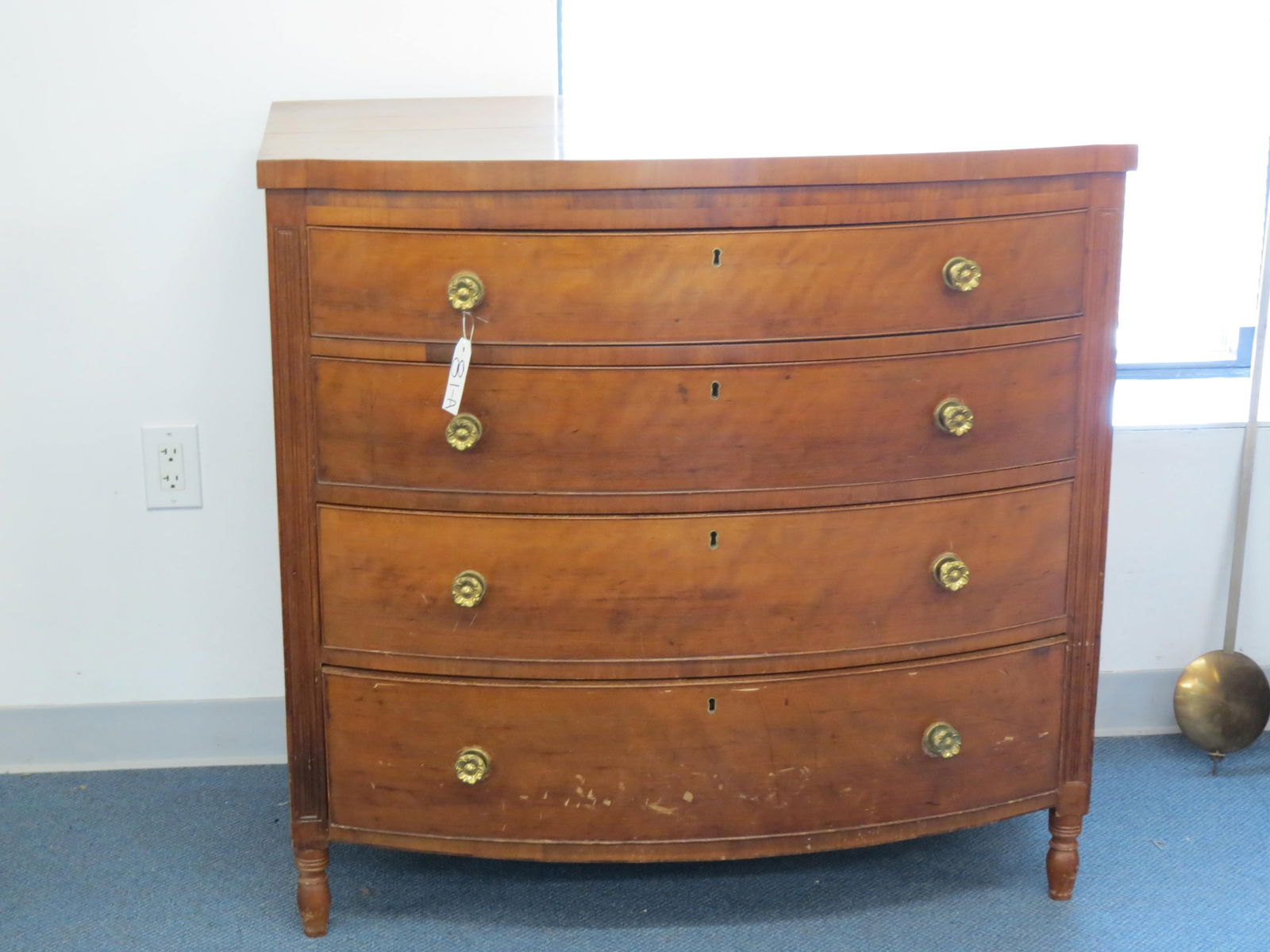 Period Bowfront Chest, 4 drawers, carving on each side of drawers, circa  1820, 38" tall, 42" wide, (1 of 5)