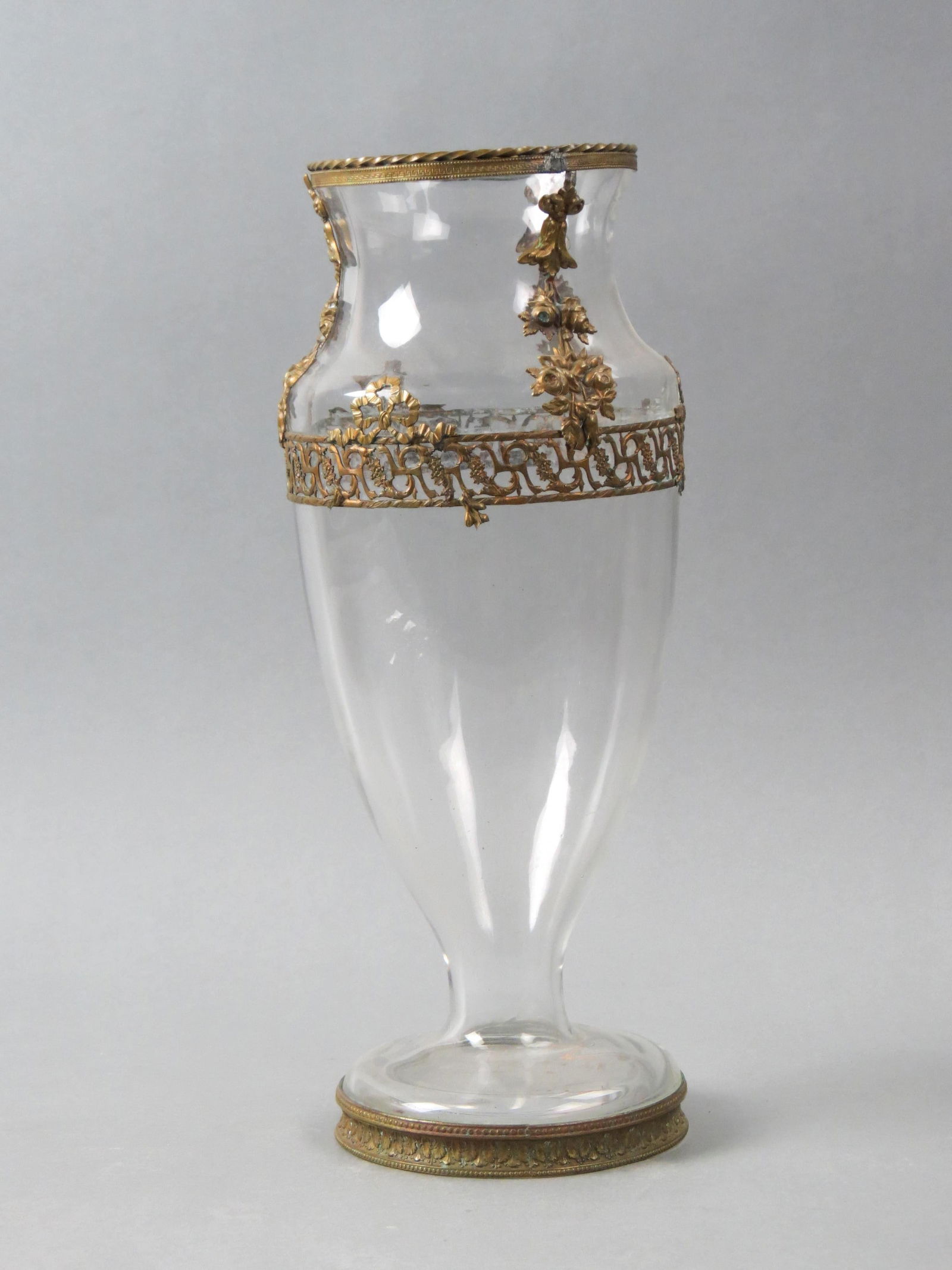 French Dore Bronze & Crystal Vase, floral and banded decor, 14 1/2", excellent. (1 of 5)