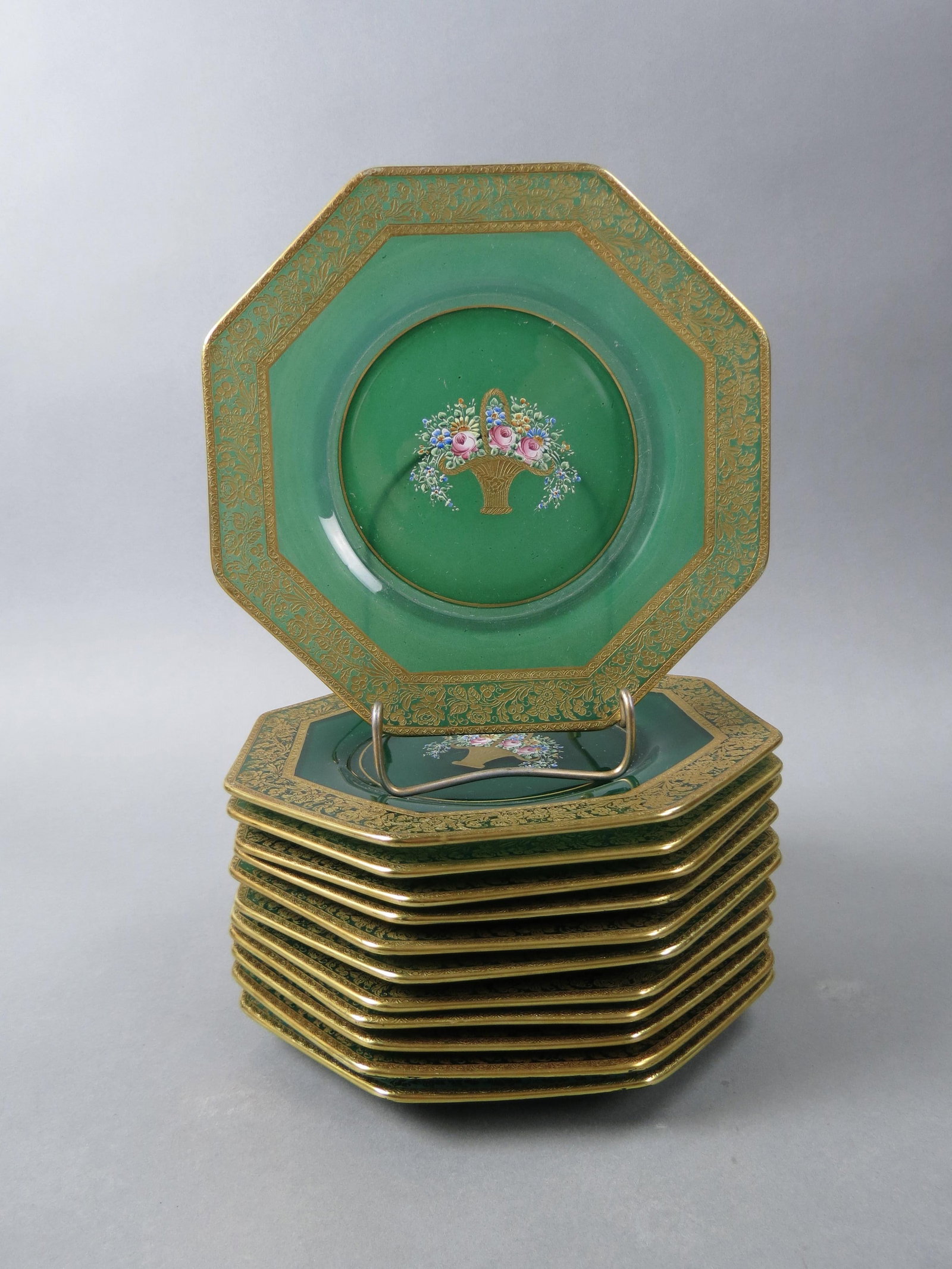 12 Gold Encrusted & Enamel Glass Plates, rich emerald green with basket of flowers in center and: 12 Gold Encrusted & Enamel Glass Plates, rich emerald green with basket of flowers in center and floral and berry border, octagon shape, 8", excellent.