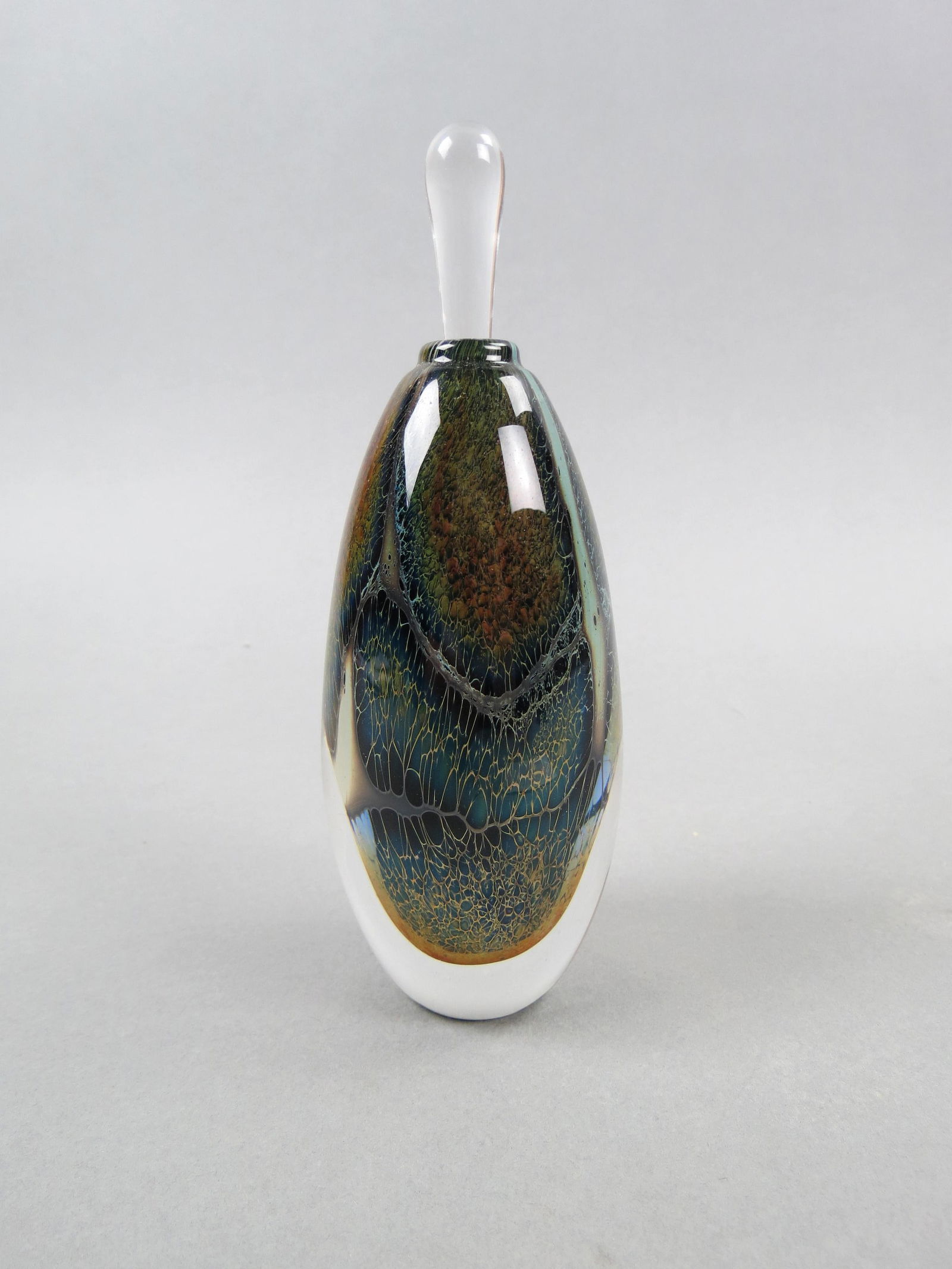 Studio Art Glass Perfume Bottle, internal butterfly wing style decoration, clear  stopper, 6 1/2", (1 of 6)
