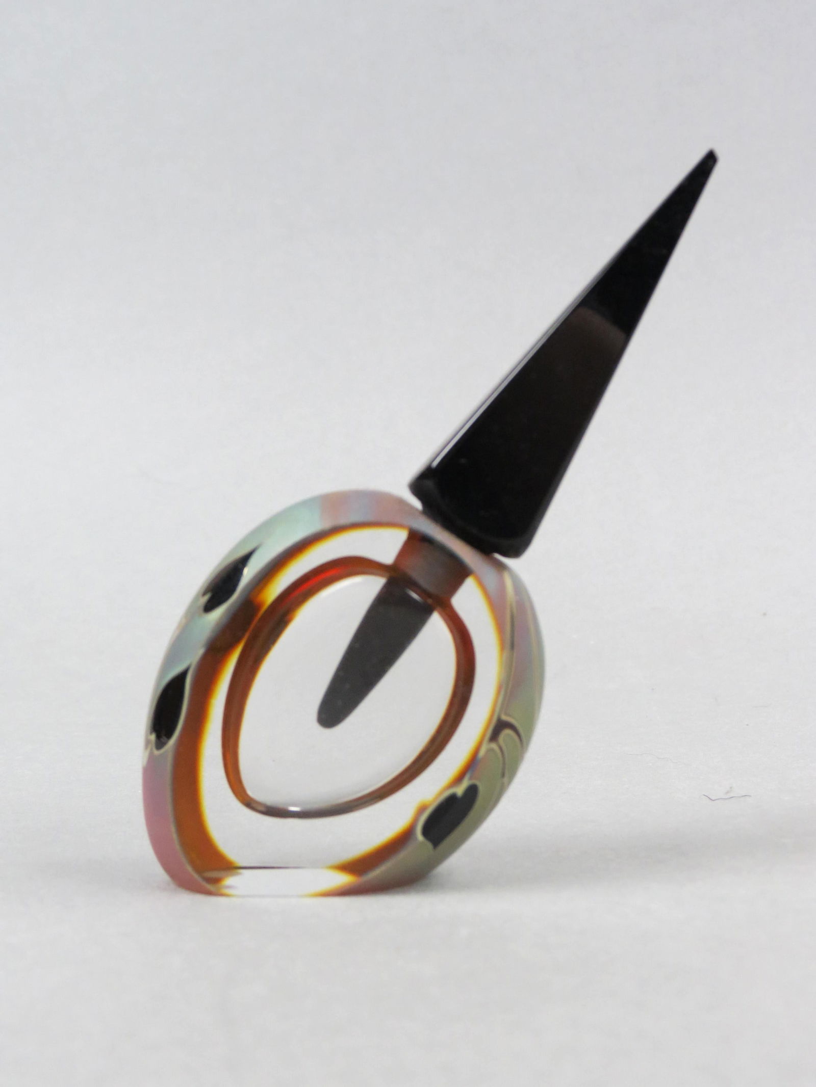 Zweifel Studio Art Glass Perfume Bottle, trailing heart and vine, iridescent, panel cut,  black (1 of 4)