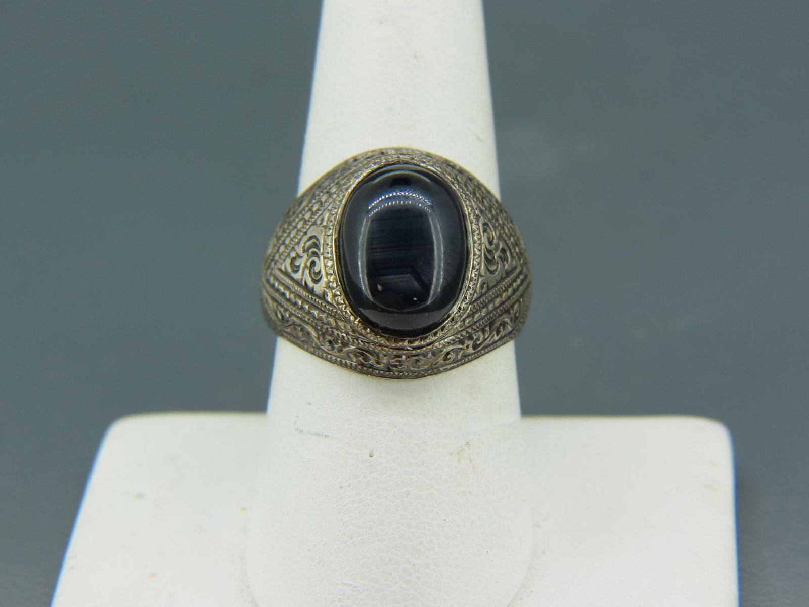 Men's Black Star Sapphire 14k Gold Ring, oval cabochon gem weighing 8.20 carats, six ray  star, (1 of 6)
