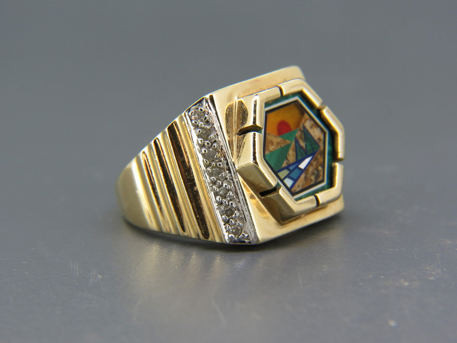 Men's Diamond & Mosiac 10k Gold Ring, Native American artist, signed, hexagon sunset  scene with (1 of 5)