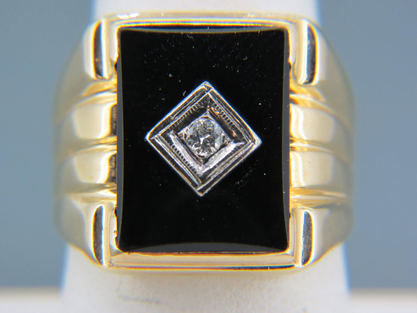 Men's Diamond & Black Onyx 14K Gold Ring, round diamond weighing .10 carat in center of  rectangular (1 of 4)