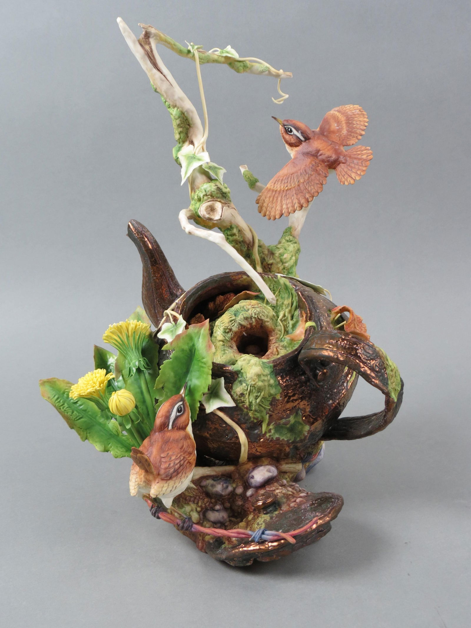 Connoisseur Porcelain Figurine of Birds in Teapot, within foliage, marked " Artist Proof" edition, (1 of 6)