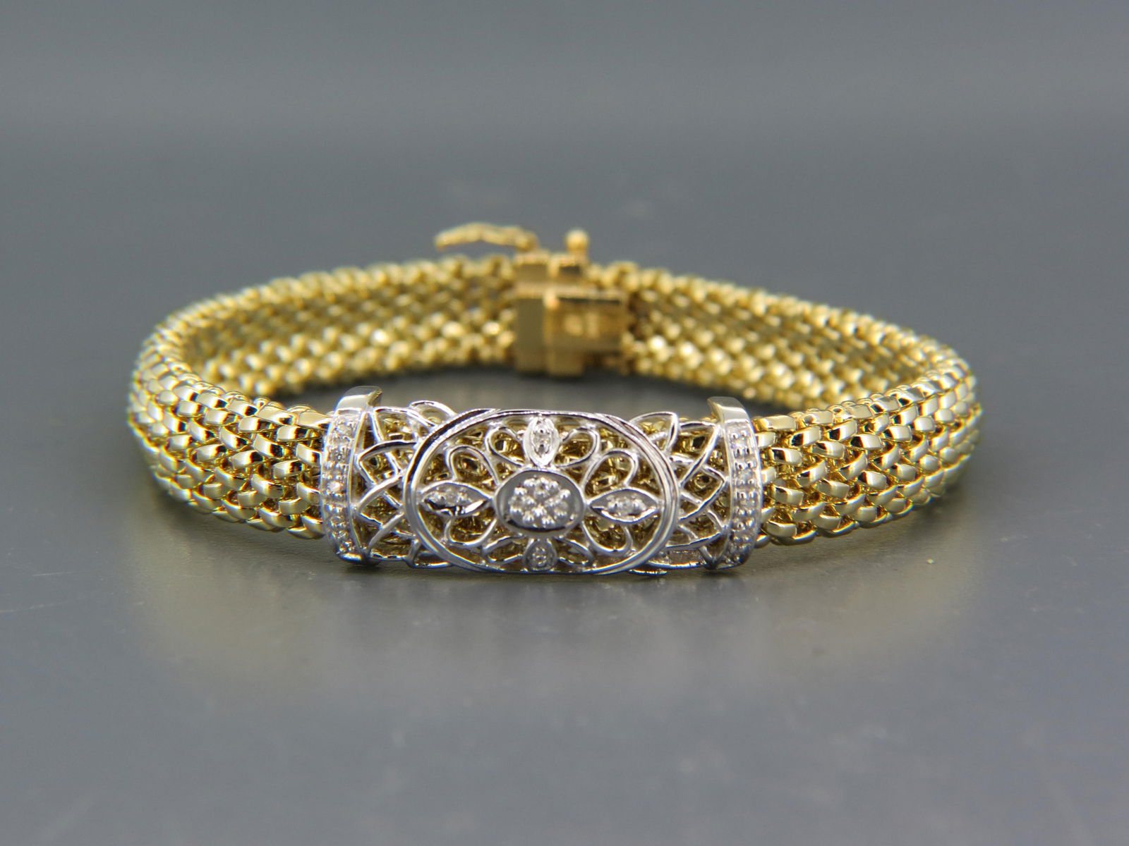 14K Gold & Diamond Bracelet, fine yellow gold woven setting with white gold  center having 18 round (1 of 7)