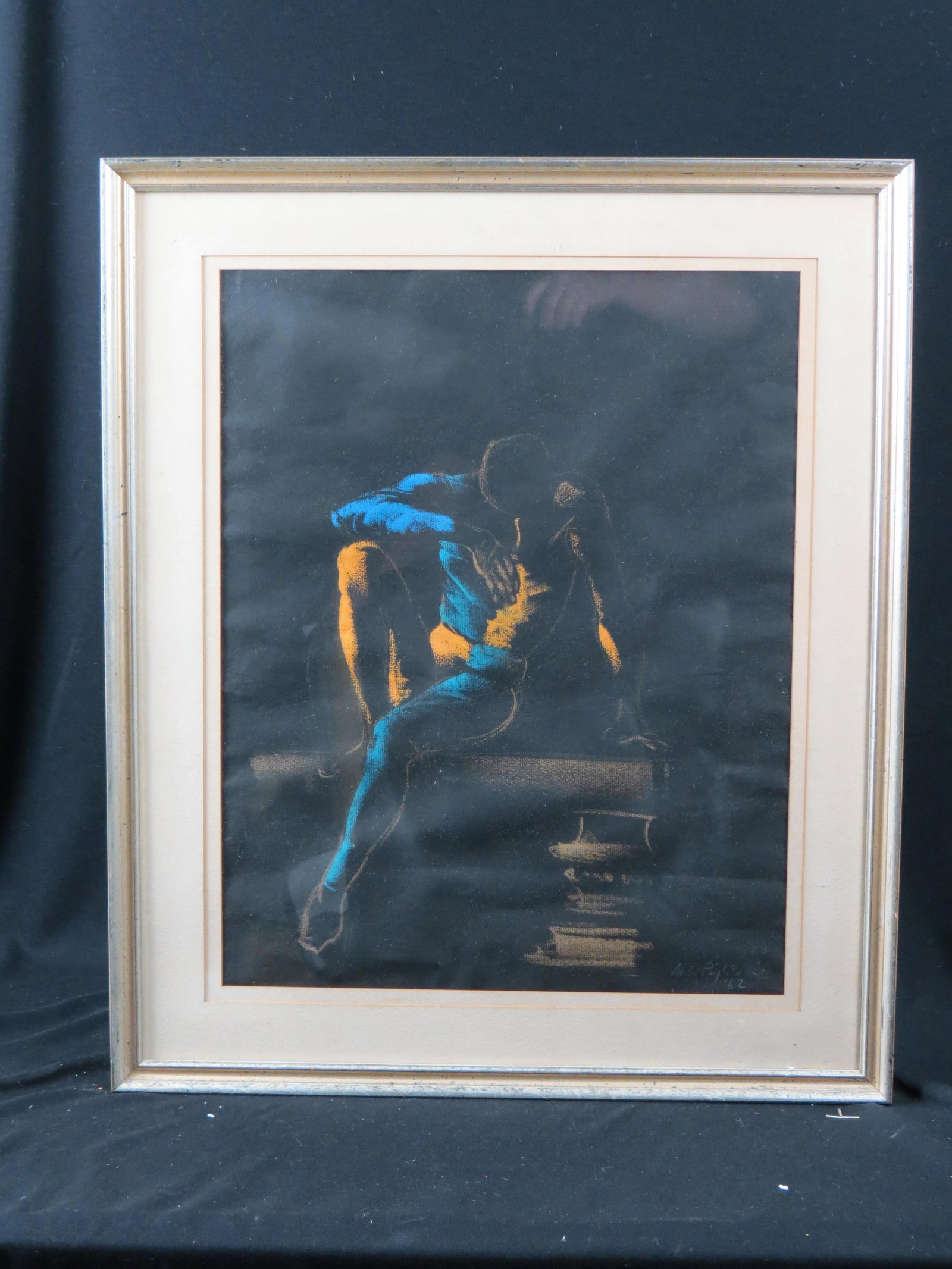 Pastel of a Seated Man, on black paper, signed and dated 1962, image area 18" X 22" plus mat &: Pastel of a Seated Man, on black paper, signed and dated 1962, image area 18" X 22" plus mat & frame.