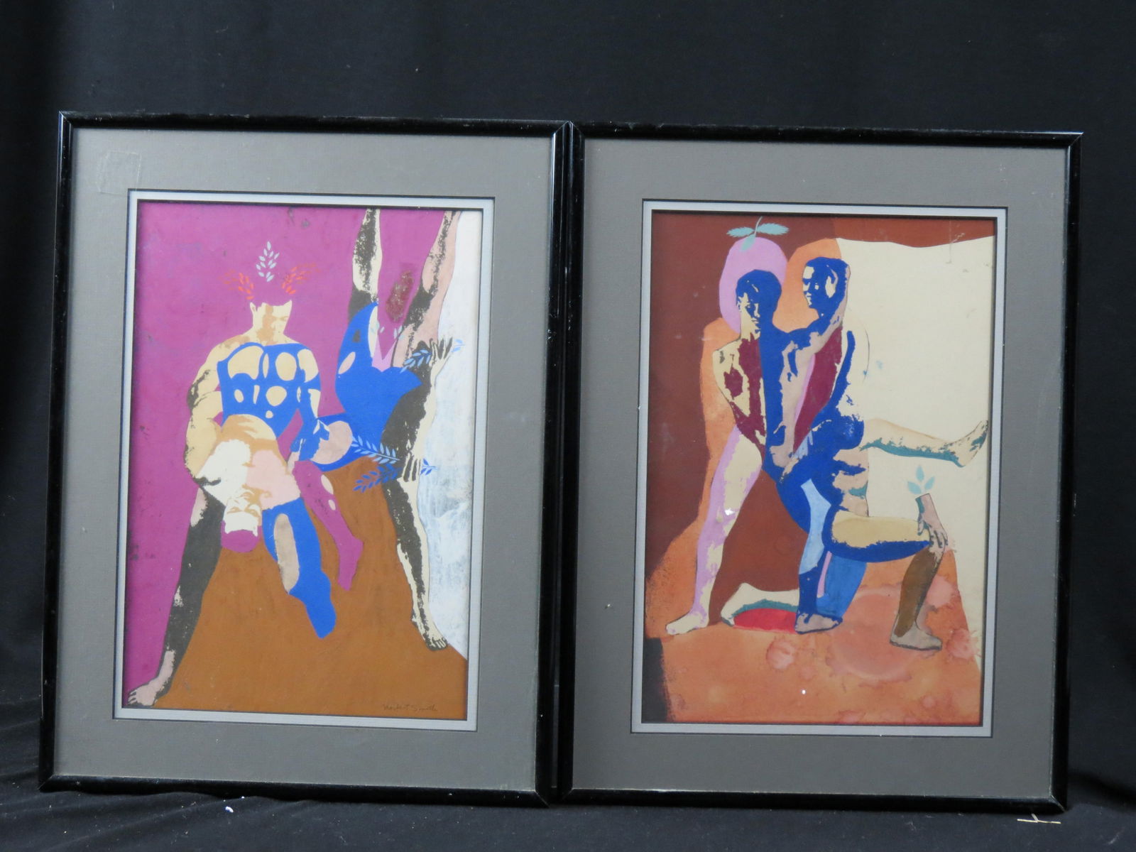 Norbert Smith, watercolor & gouache, Male Figures, pair, each image size 9" x 13" plus mats and (1 of 4)