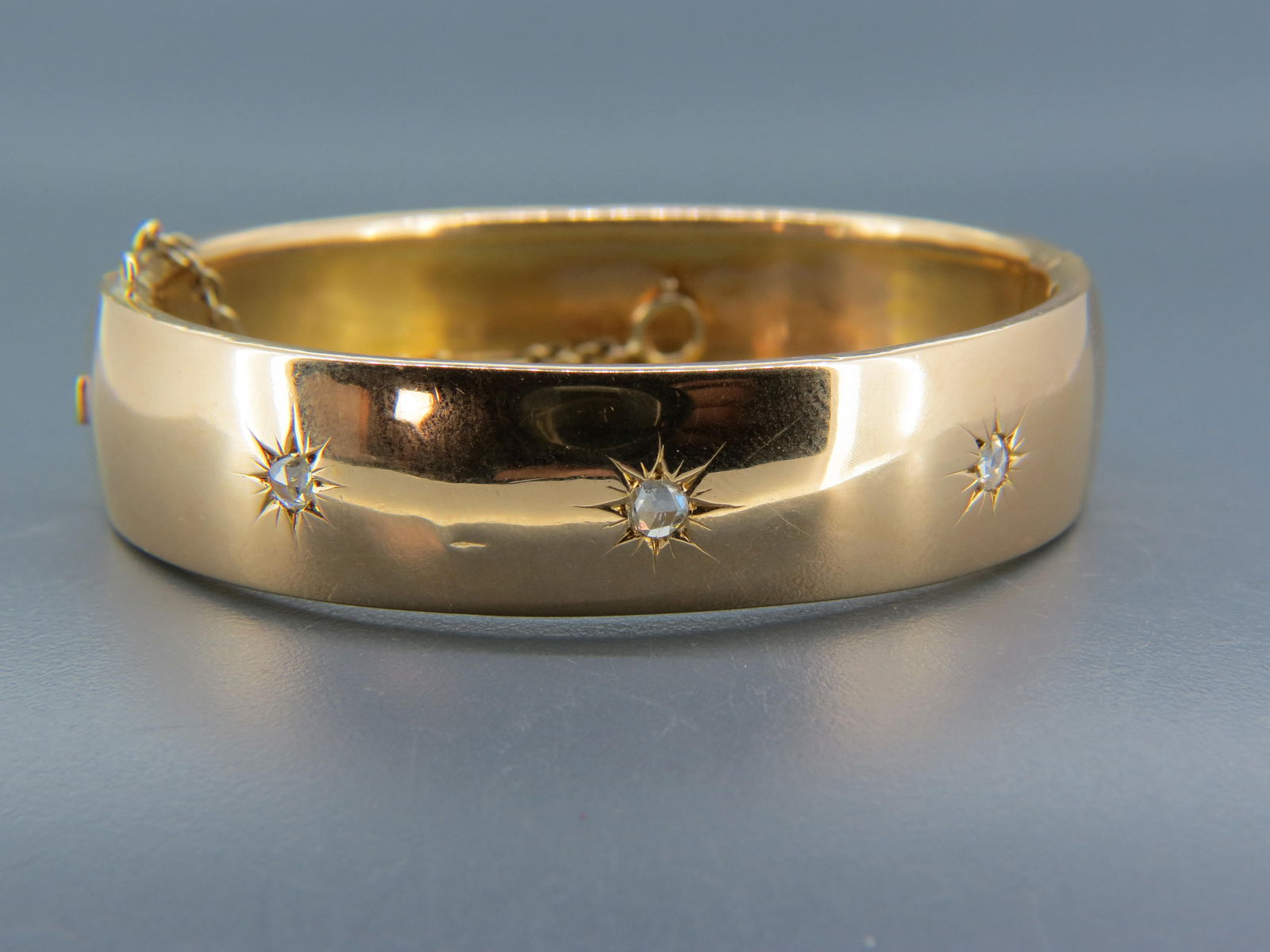 Antique Diamond 15K Gold Bangle Bracelet, 3 fine early rose cut diamonds totaling over .50  carat in (1 of 5)