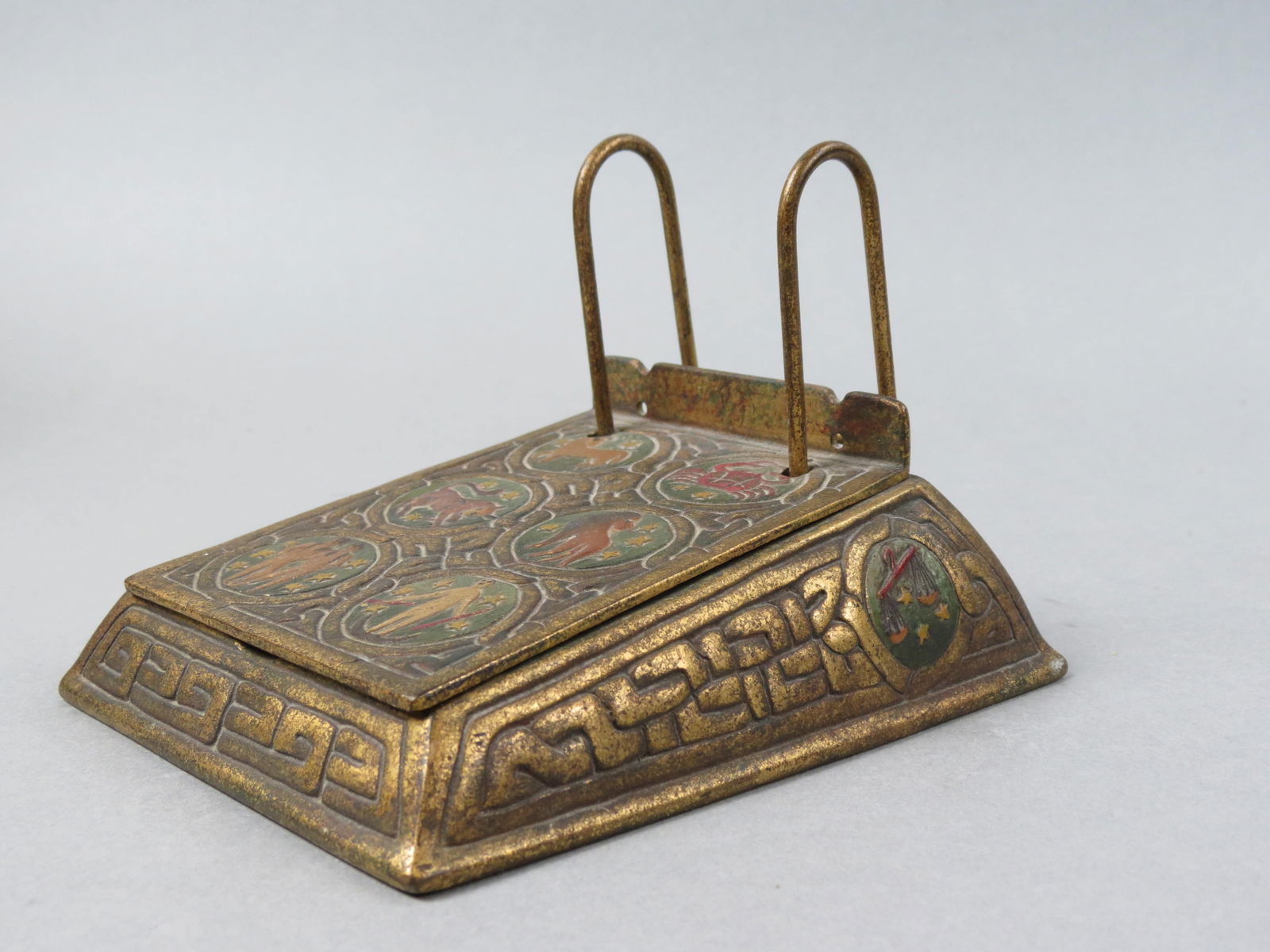 Tiffany Studios Bronze "Zodiac" Calendar/ Note Pad model #1093, enameled medallions with Zodiac (1 of 4)