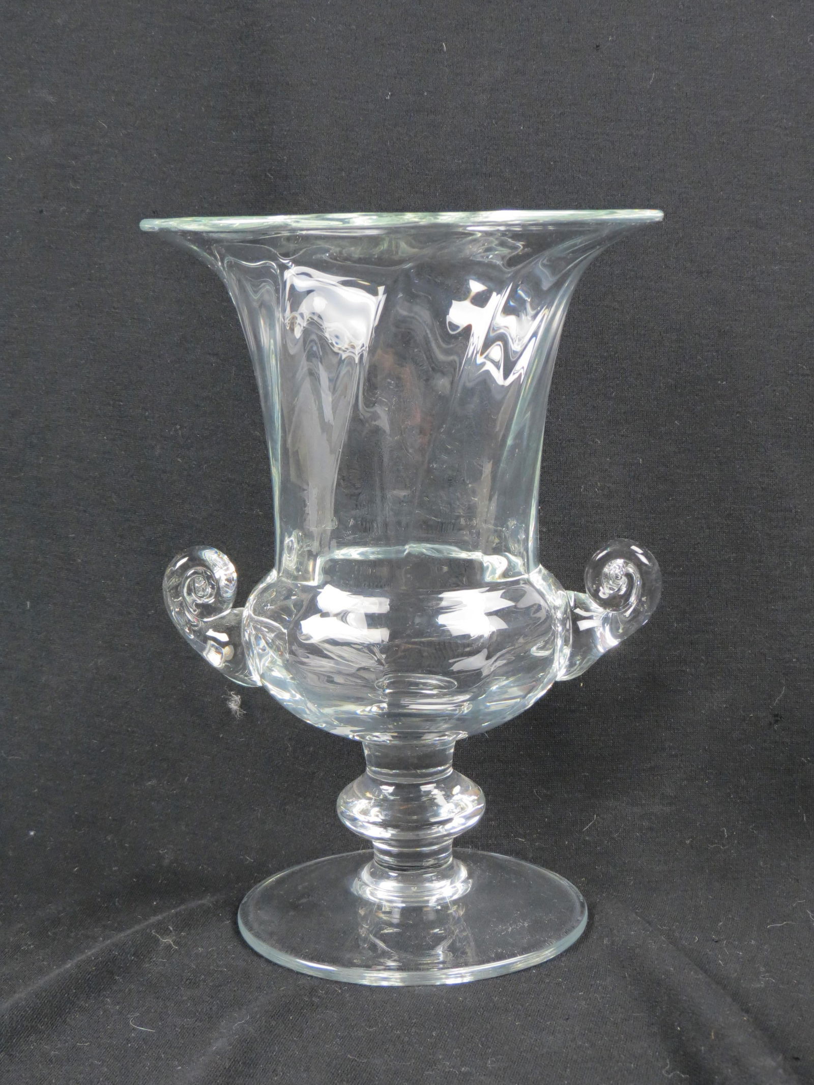 Fine Crystal Vase or Wine Cooler, classic form with twist design, handled, pedestal base, 12" tall,: Fine Crystal Vase or Wine Cooler, classic form with twist design, handled, pedestal base, 12" tall, 8" diameter at top, in style of Steuben, unsigned, excellent.