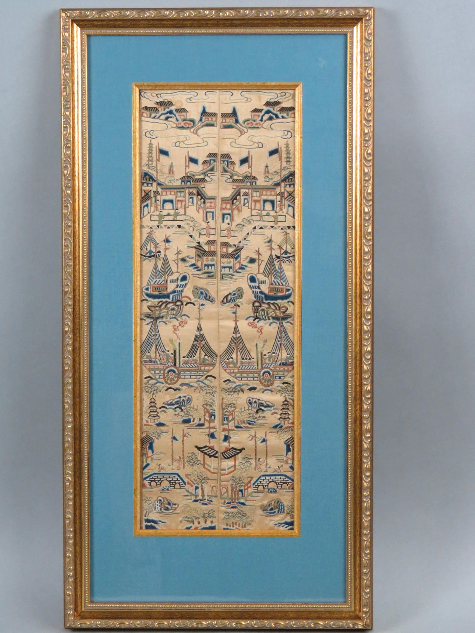 Chinese Embroidered Silk of Harbor Scene, scarce book marked pair framed together, image  area 7" X (1 of 7)