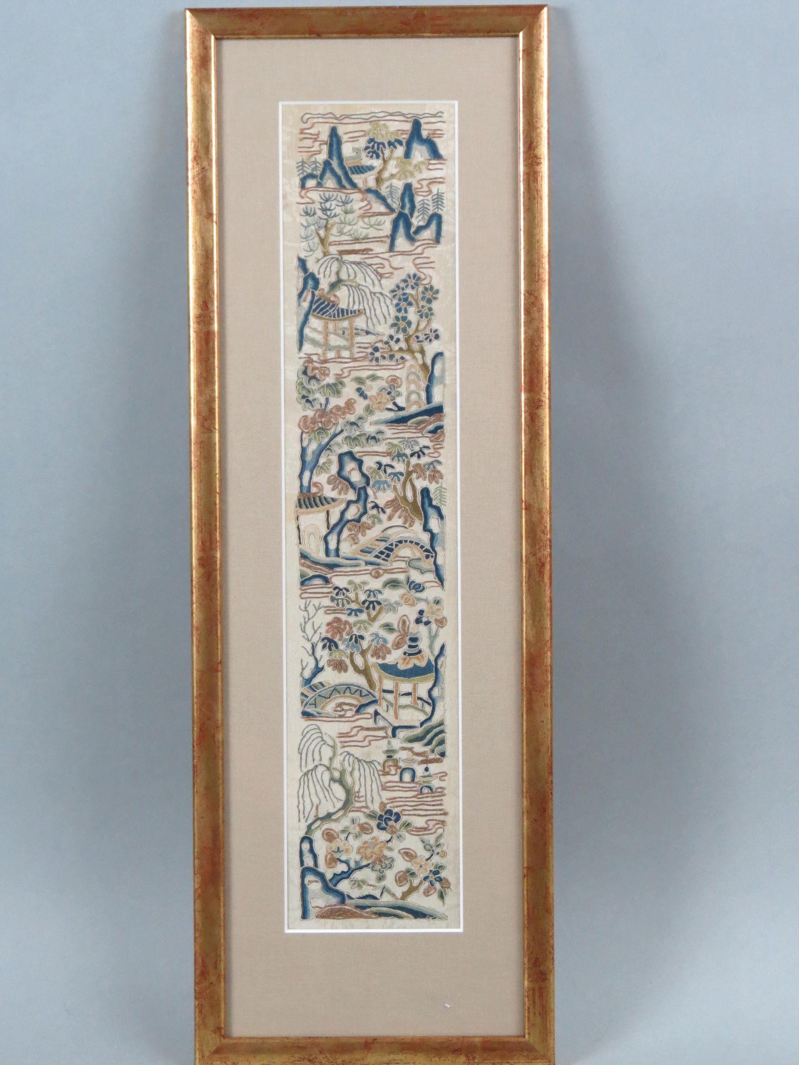 Chinese Embroidered Silk with Landscape Scenes, includes bridge, house, trees and more, image area (1 of 4)