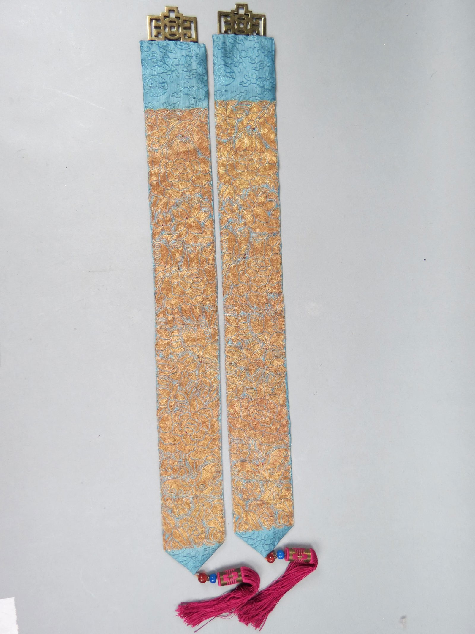 Pair of Chinese Embroidered Silk Bell Pulls, or hangings, gold thread with butterfly and floral (1 of 4)