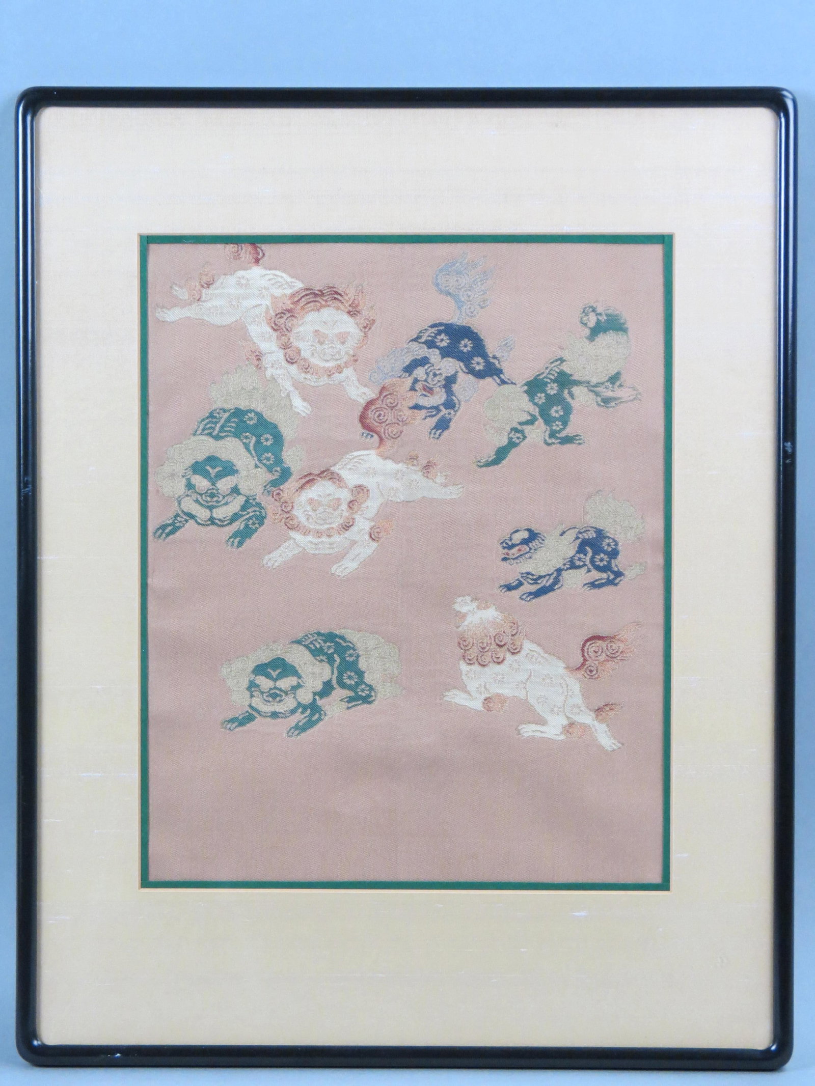 Chinese Embroidered Silk with Foo Dogs, image area 12 1/2" X 16" plus mat and frame.: Chinese Embroidered Silk with Foo Dogs, image area 12 1/2" X 16" plus mat and frame.