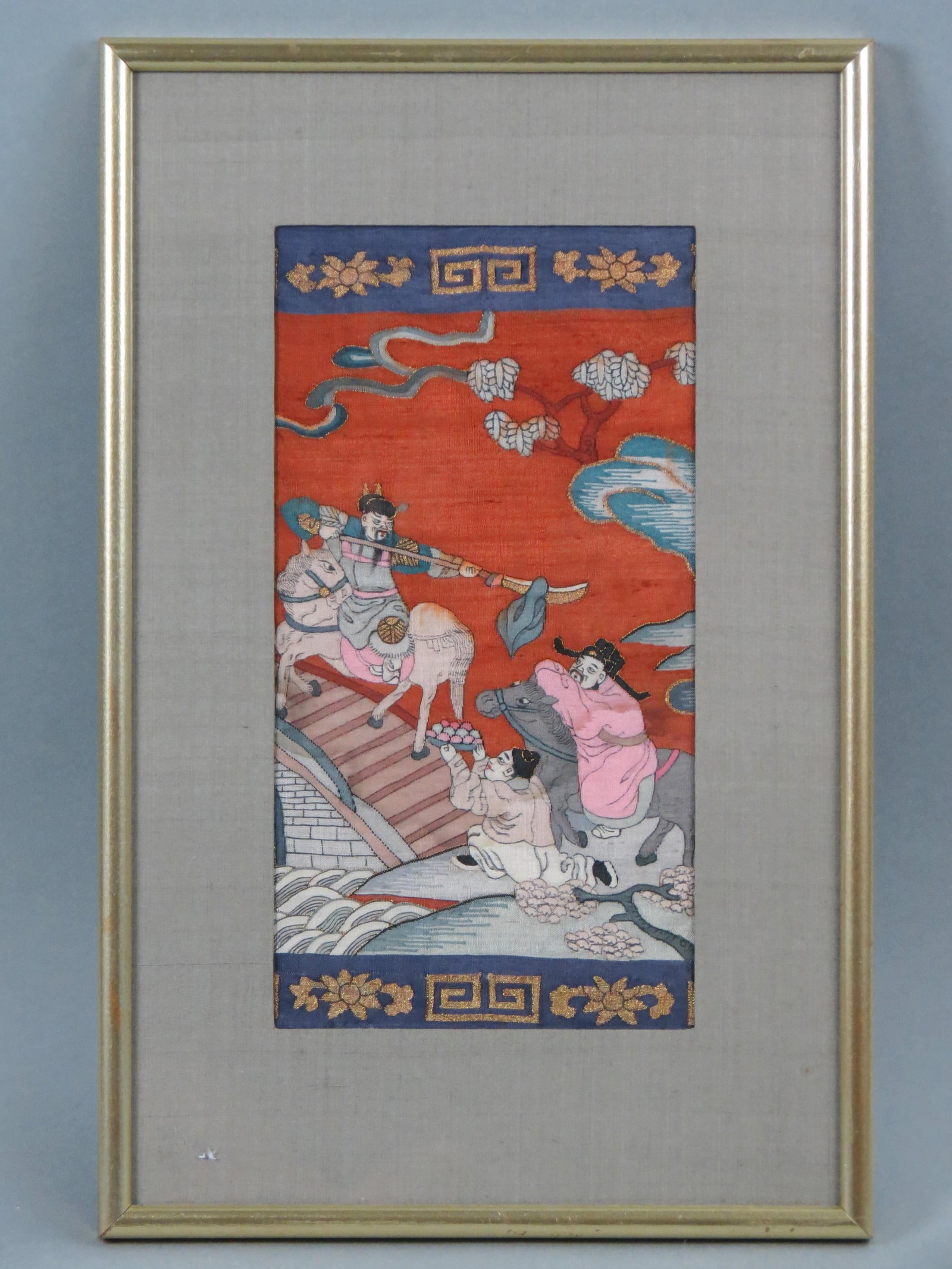Chinese Embroidered Silk with Warrior & Villagers, appears the villagers are offering the warrior on: Chinese Embroidered Silk with Warrior & Villagers, appears the villagers are offering the warrior on horseback food for safety sake, image area 6" X 11 1/2" plus mat and frame.