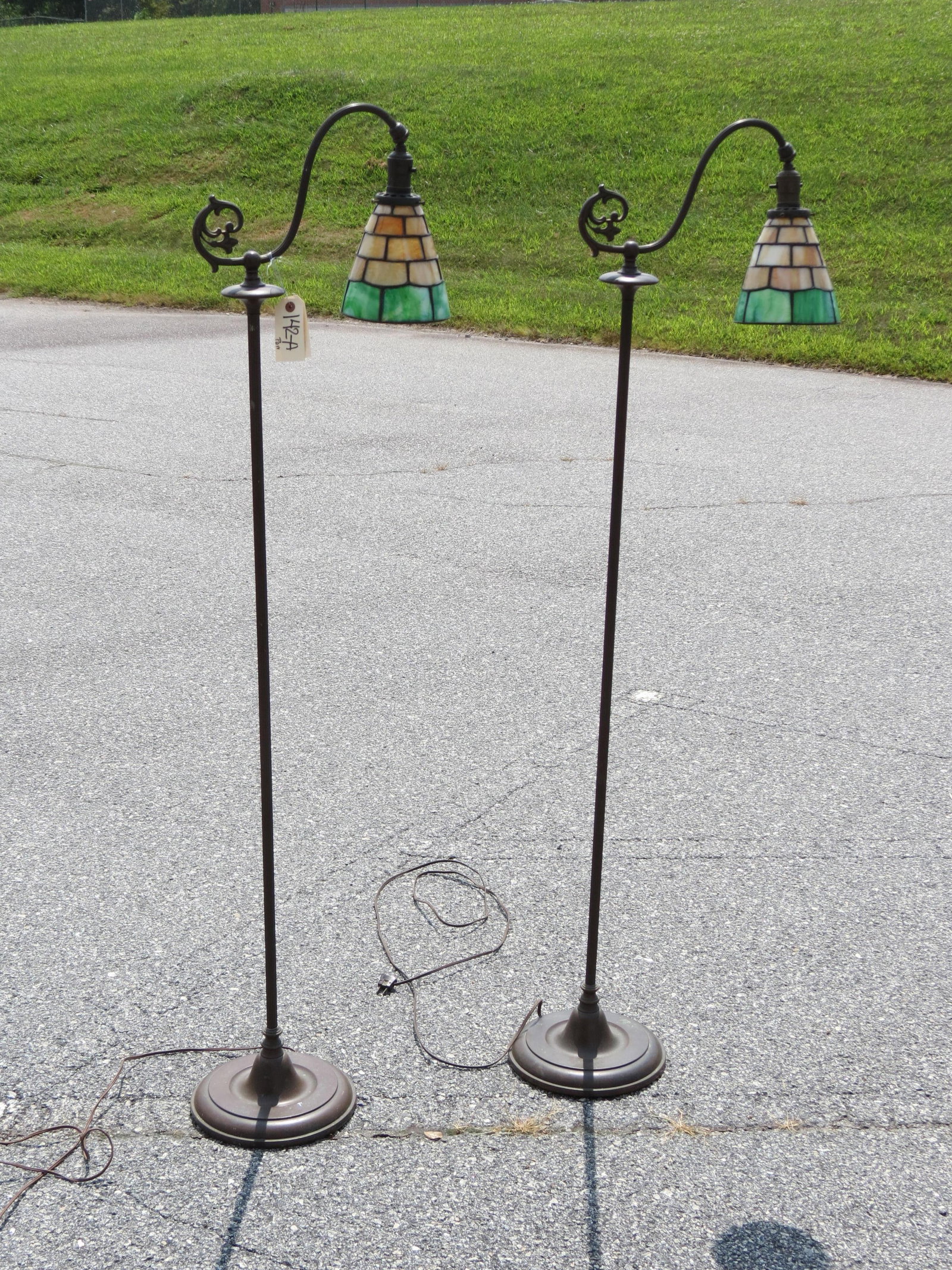 Pair of Handel Floor Lamps w/ leaded Glass Shades, all original, green and caramel 6" shades, (1 of 8)